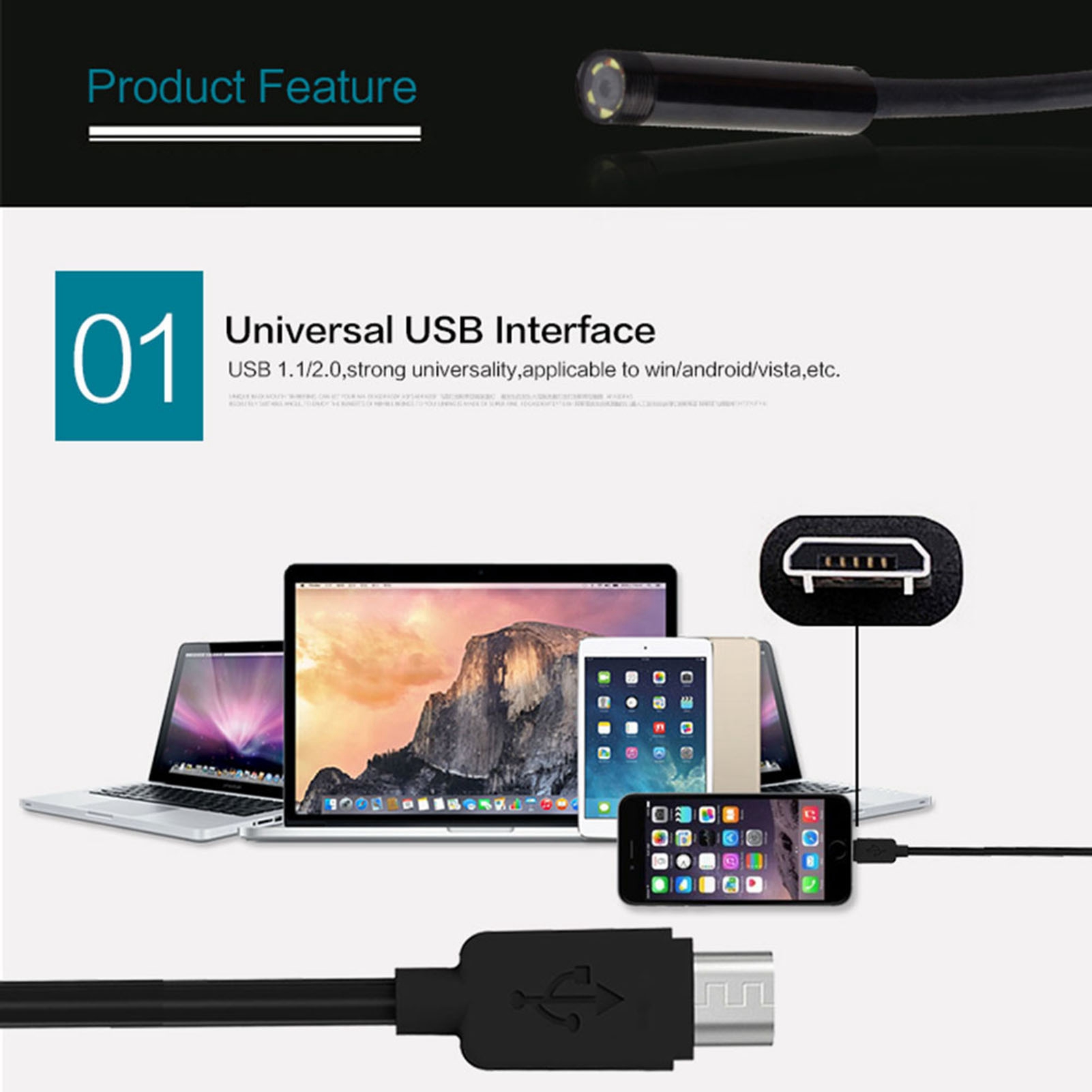 Wasserdichtes Android-endoskop Mit 6 Leds, 7-mm-fokussierlinse Und Mini-usb-kabel, 2 M Tiefe.