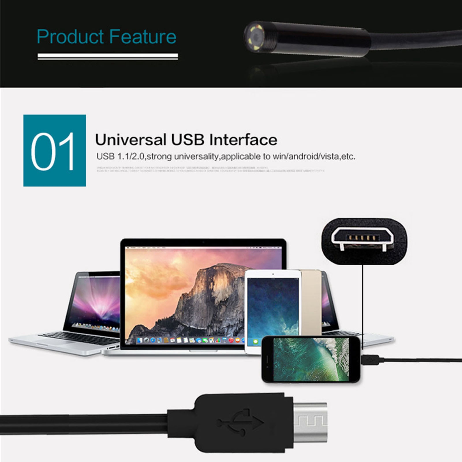 7-mm-kameraobjektiv, 1,5 M Wasserdichtes Endoskop Mit 6 Leds, Mini-usb-kabel, Android-kompatibel.