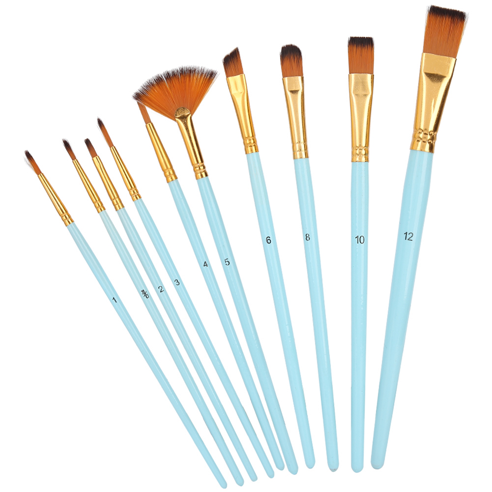 Set Aus 10 Nylonpinseln In Verschiedenen Ausführungen, Aus Holz, Für Gouache- Und Ölmalerei, Hellblau.