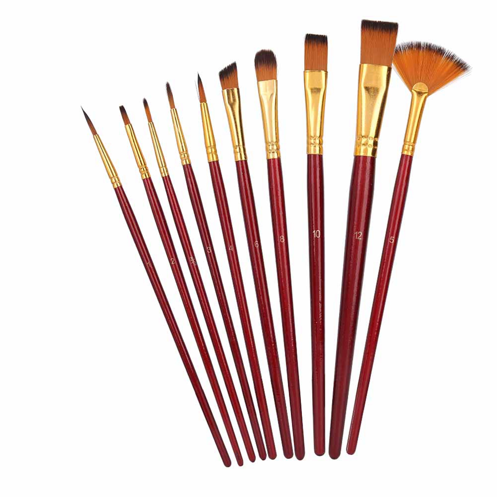 Set Aus 10 Nylonpinseln In Verschiedenen Ausführungen, Aus Holz, Für Öl- Und Gouachemalerei, Bordeauxrote Farbe.