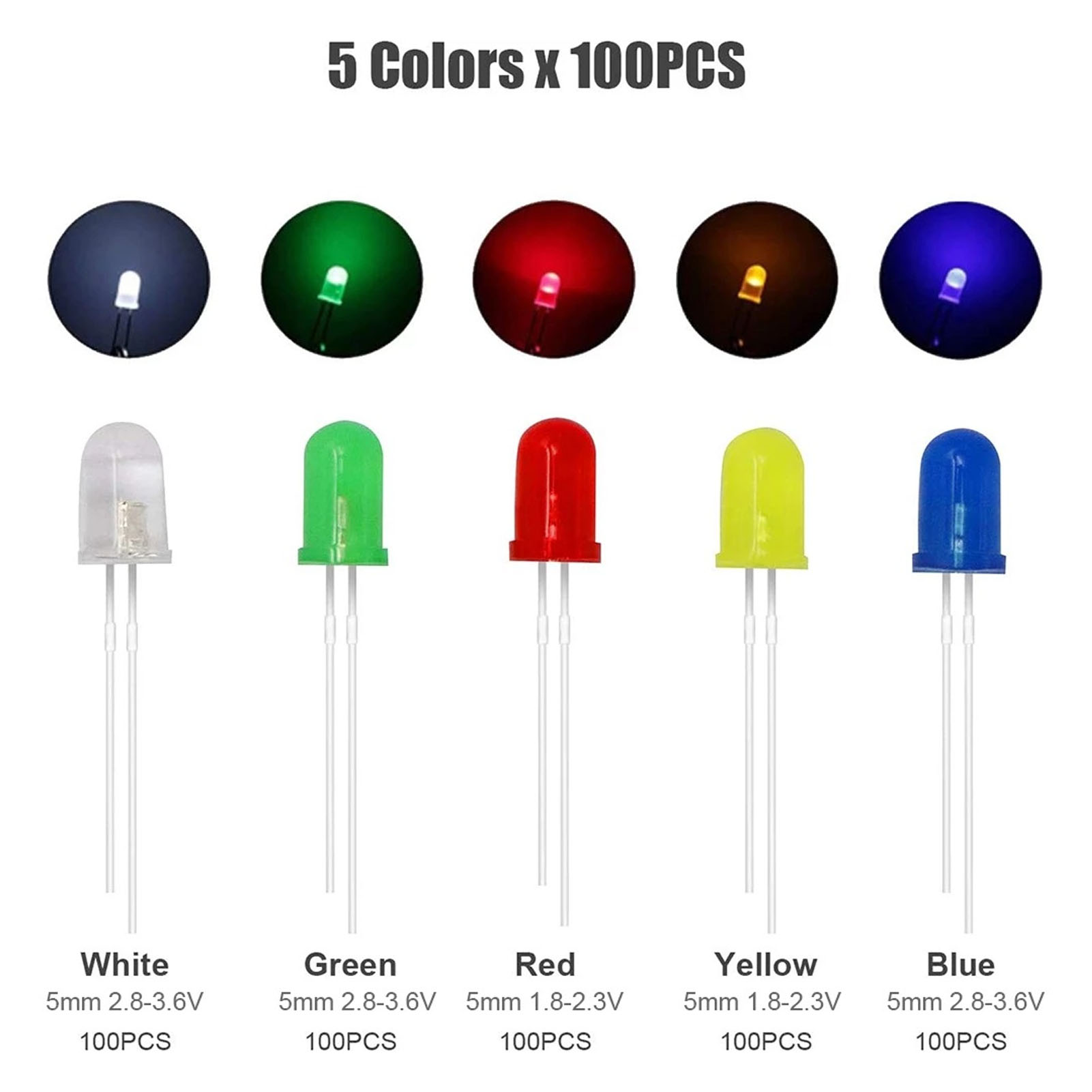 Packung Mit 500 3-mm-leds, 5 Farben: Rot, Gelb, Blau, Grün Und Weiß.