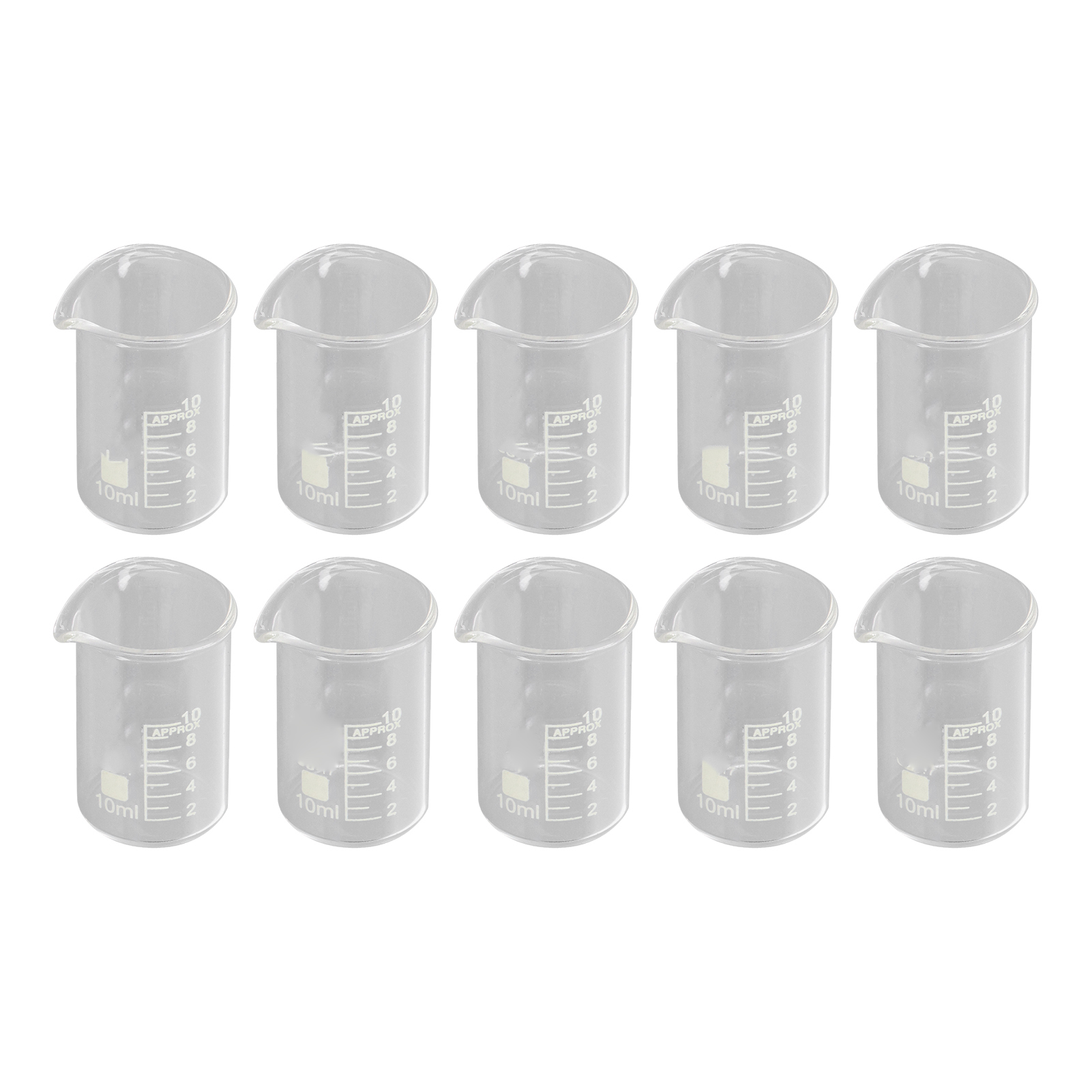 Set Aus 10 Graduierten, Transparenten Borosilikatglasbechern, 10 Ml, Für Akademische Und Industrielle Experimente.
