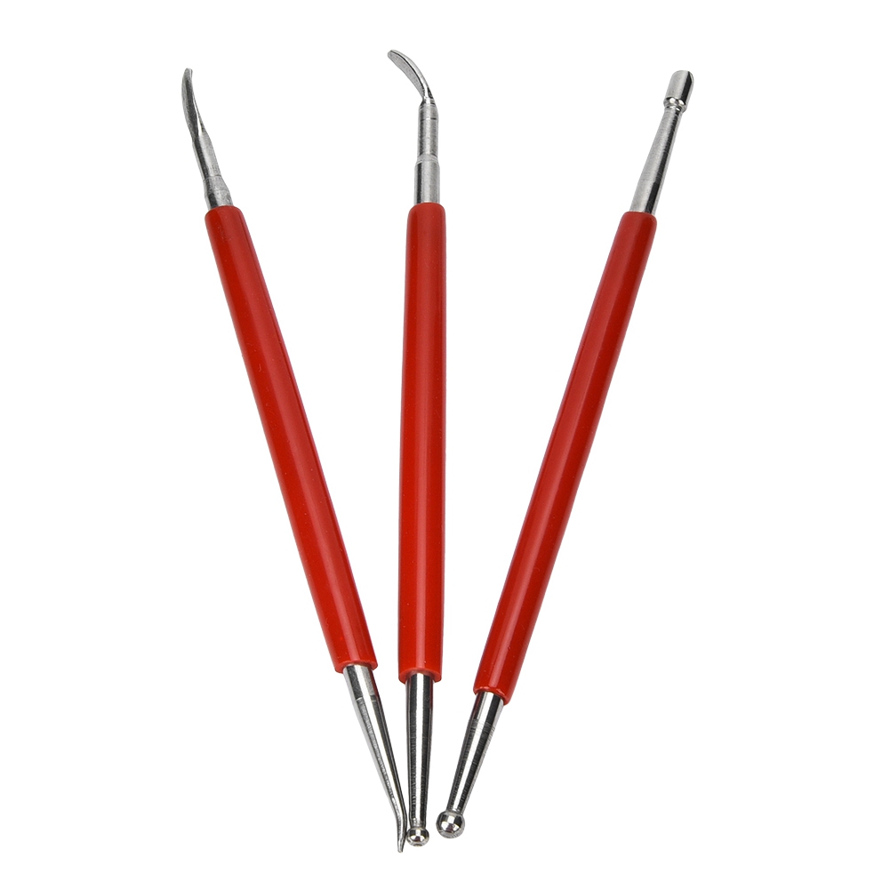 Set Aus 3 Roten Edelstahlgriffen Zum Markieren Und Schnitzen Von Details Auf Leder.