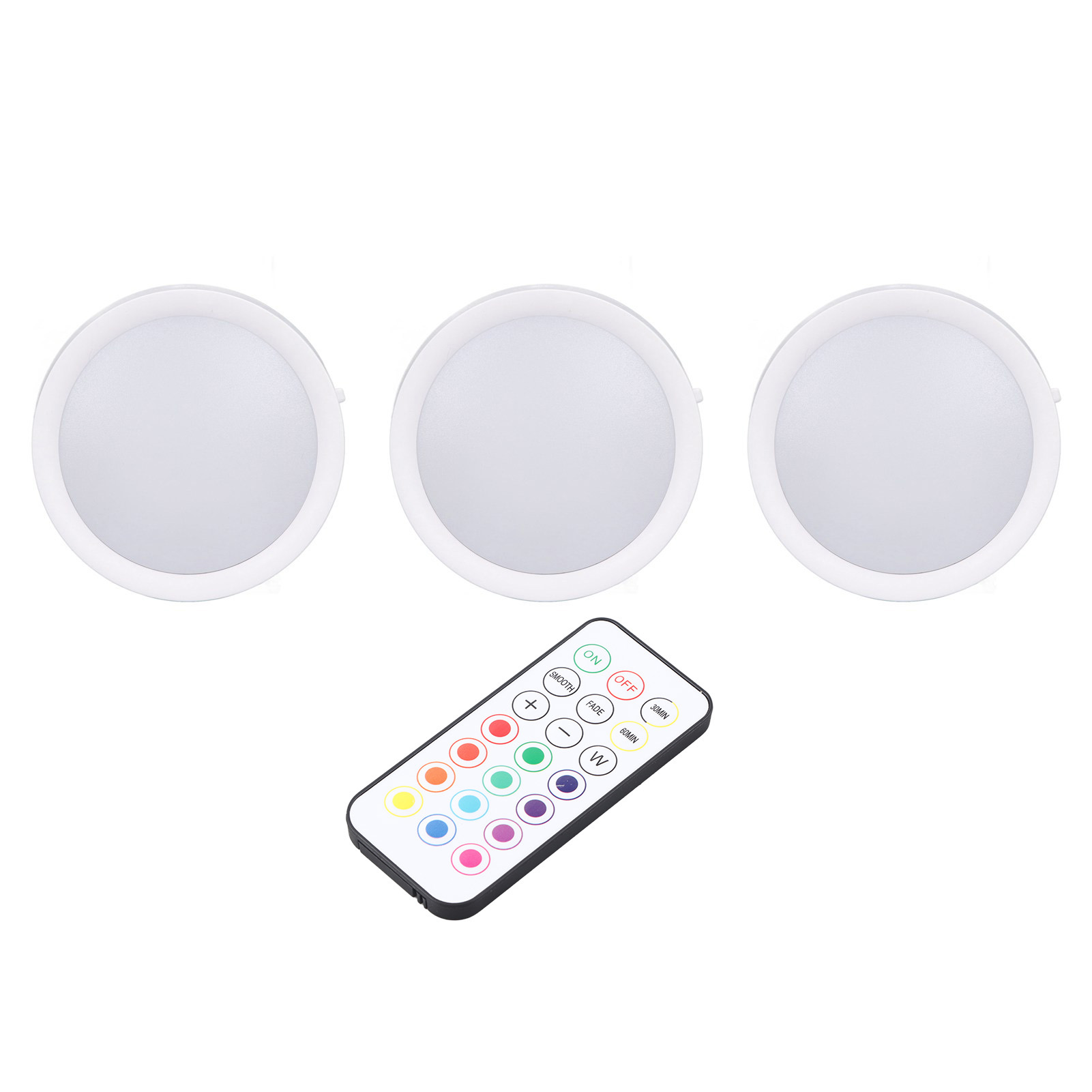 Set Aus 3 Runden Led-lampen, 4 Farben, Dimmbar, Timer, Wiederaufladbar, Druckknopf, E26-sockel Und Fernbedienung.