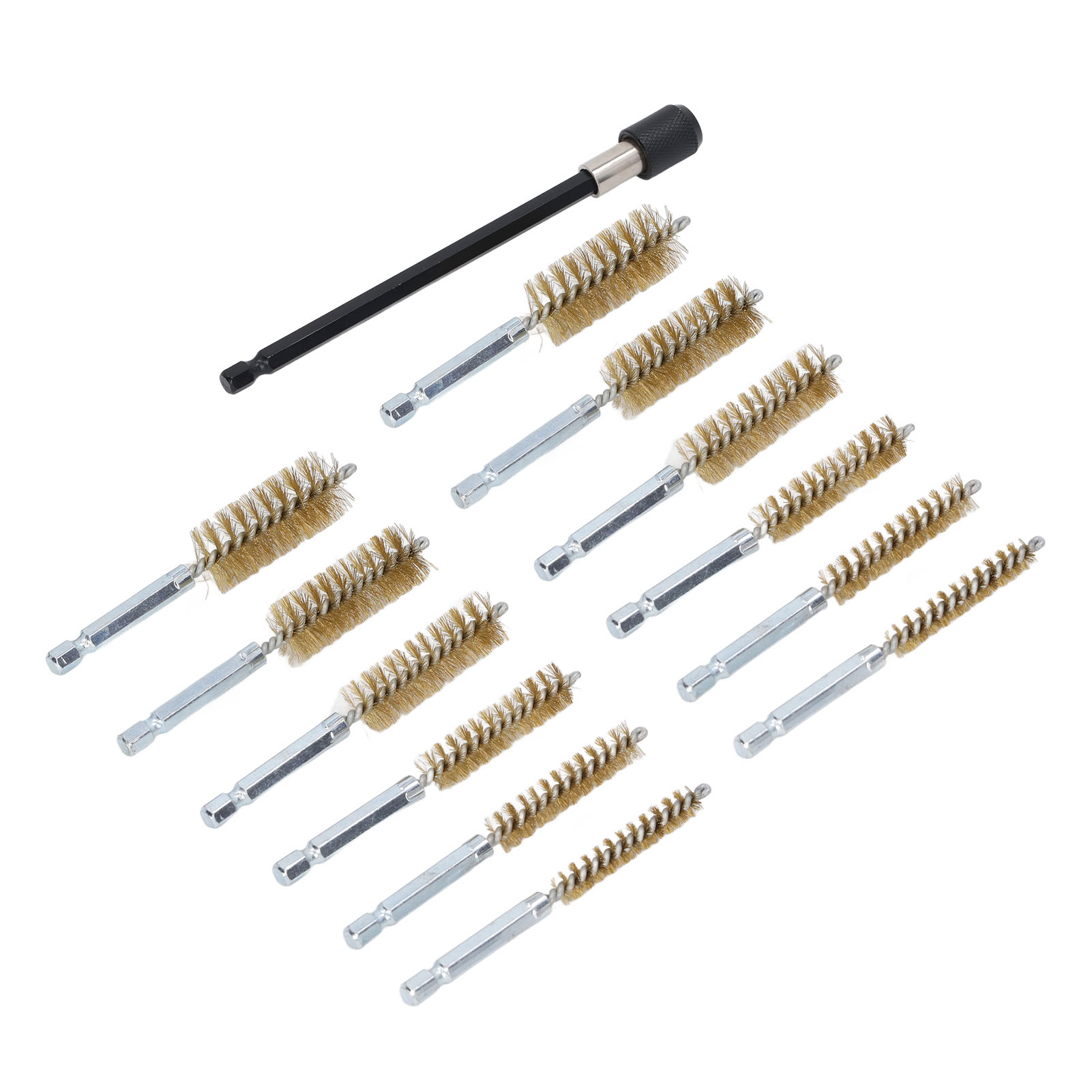 Set Aus 13 Reinigungsbürsten Für Bohrmaschinen Mit Durchmessern Von 8 Mm, 10 Mm, 12 Mm, 15 Mm, 17 Mm Und 19 Mm, 6,35 Mm (1/4 Zoll) Schaft, Mit 15 Cm Verlängerung Und Messingdraht (gelb).