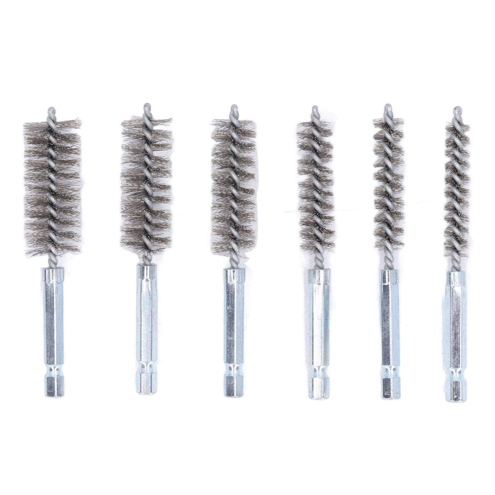 Set Mit 6 Reinigungsbürsten Für Elektrische Bohrmaschinen Und Schlagschrauber, 10 Cm (4 Zoll) Rostfreier, Verdrillter Draht, 6,35 Mm (1/4 Zoll) Sechskantschaft, Silberfarbener Edelstahl.