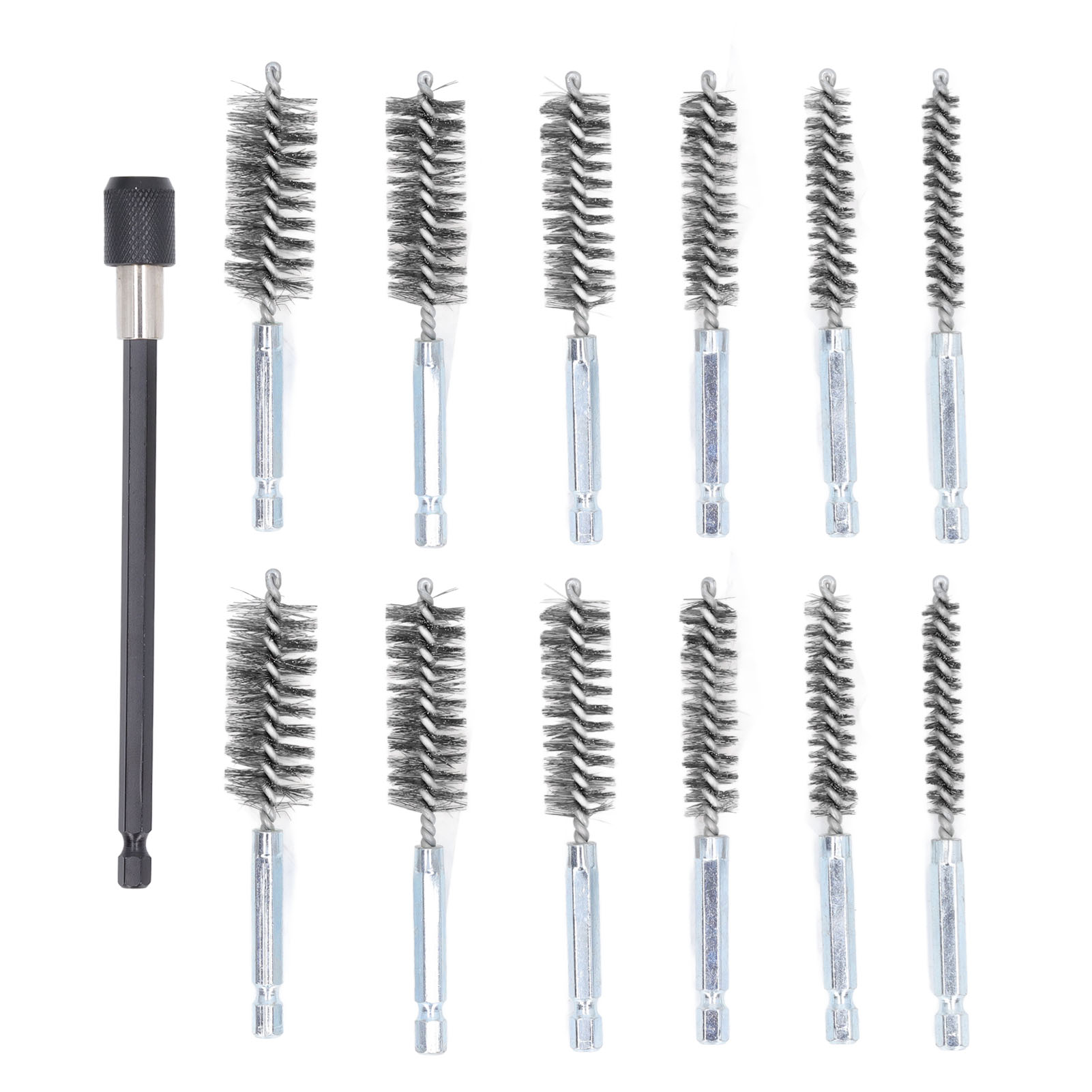 Set Aus 13 Reinigungsbürsten Für Bohrer Mit Durchmessern Von 8 Mm, 10 Mm, 12 Mm, 15 Mm, 17 Mm Und 19 Mm, 1/4 Zoll Schaft, Silberstahldraht Und 15 Cm Verlängerung.