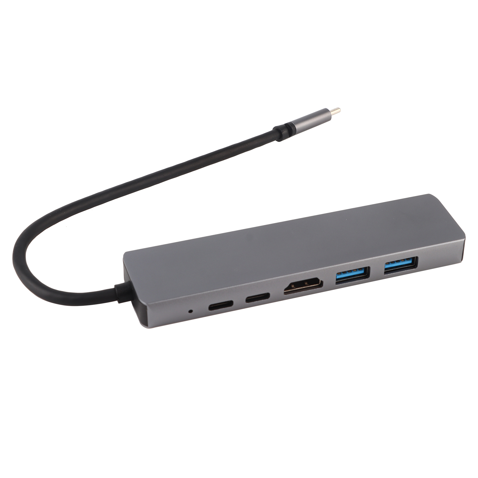 Leichter 6-in-1-usb-c-zu-usb-c-hub Aus Grauem Metall Mit 3 Usb-3.0-anschlüssen, Hdmi, Rj45, Ethernet, Microsd-kartensteckplatz Und Otg-adapter