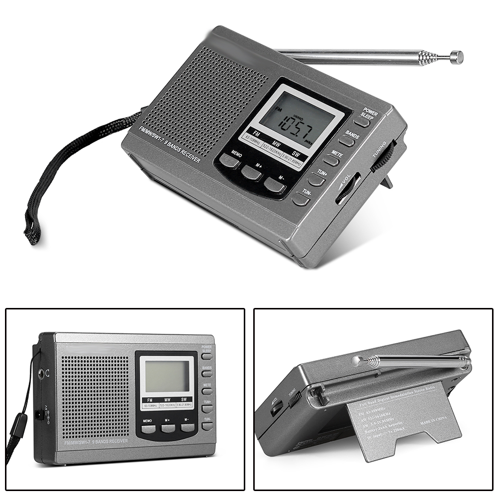 Mini-tragbares Fm/mw/sw-radio Mit Digitalem Wecker, Grau.