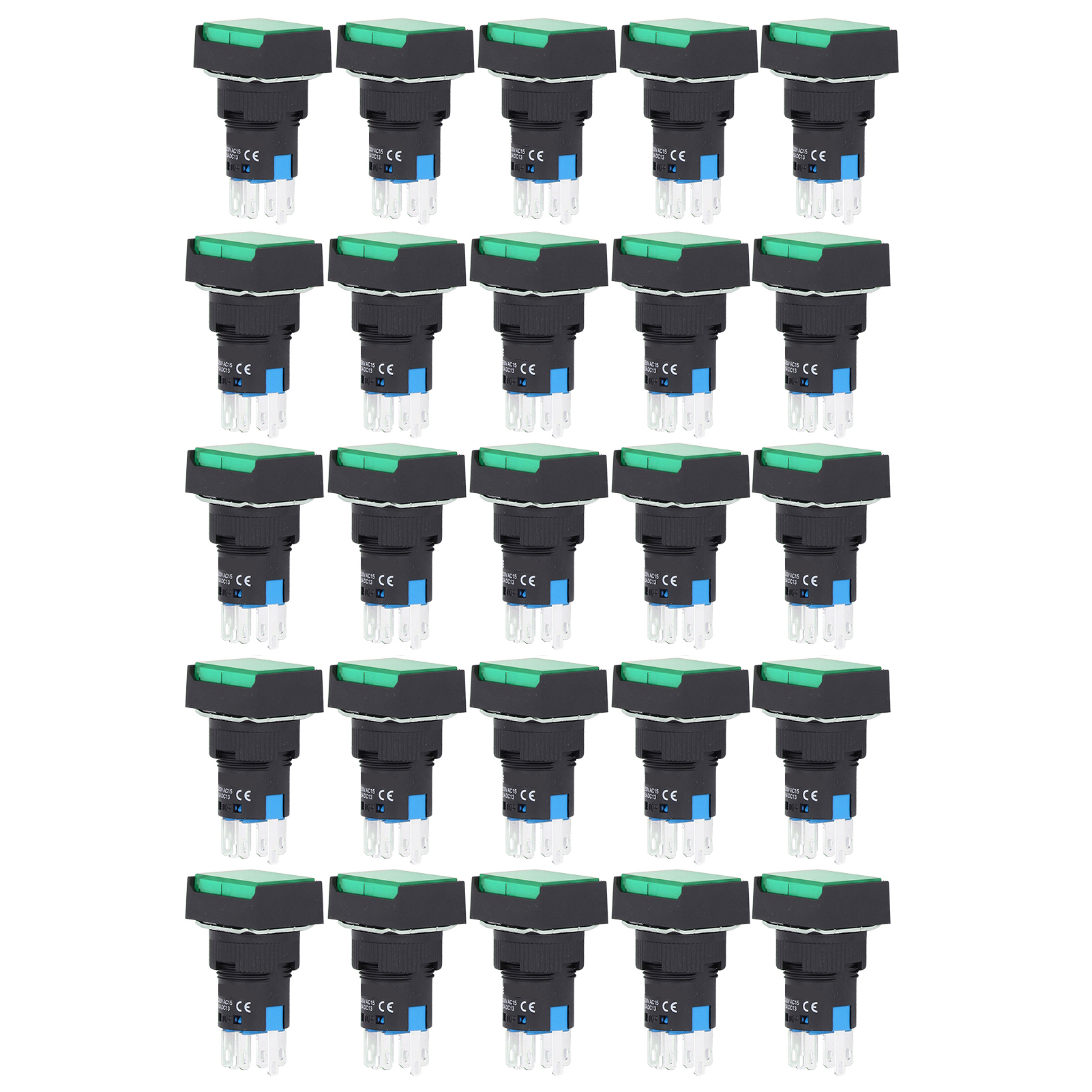 Packung Mit 25 Quadratischen Abs-drucktastern Aus Messing Mit Selbstverriegelung Und Kontrollleuchte Für Verteilerkästen, 16 Mm, 24 V, Grün