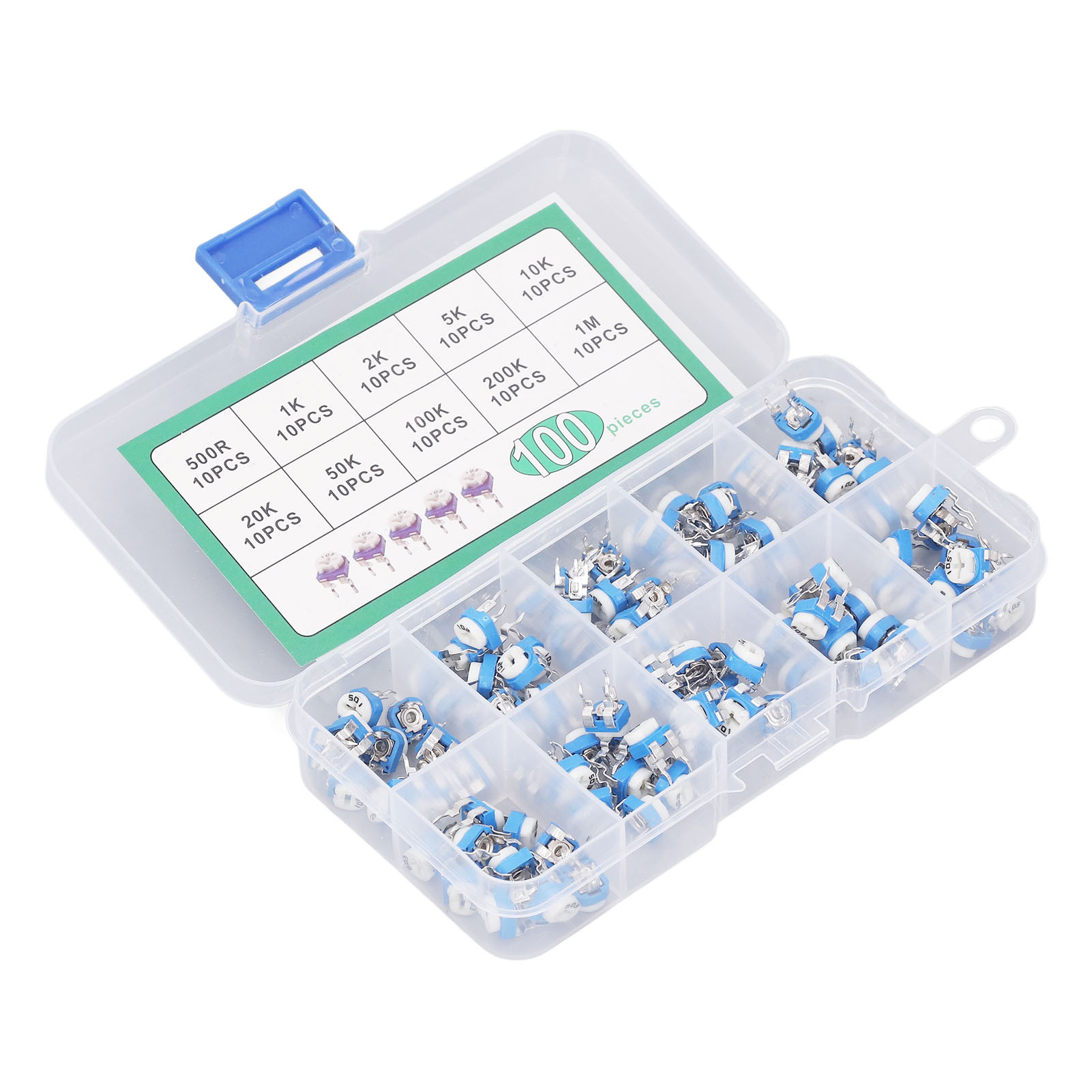 Set Mit 100 Einstellbaren Rm065-potentiometern (blau Und Weiß) Von 500 Ω Bis 1 Mω, 10 Variable Widerstandswerte (10 Werte).