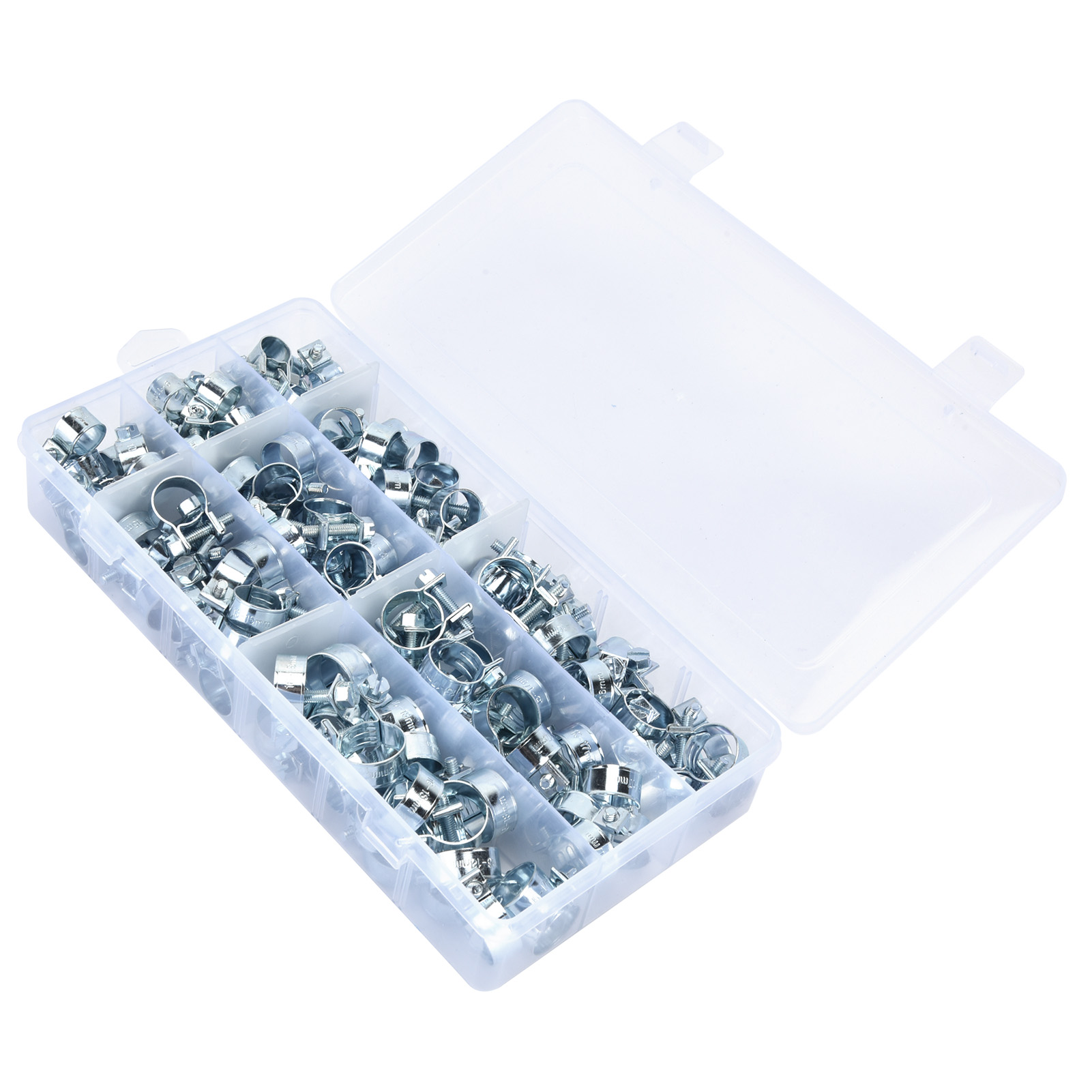 Sortimentssatz Mit 135 Mini-schlauchschellen Für Gartenschläuche Aus Kohlenstoffstahl Von 8 Bis 18 Mm.