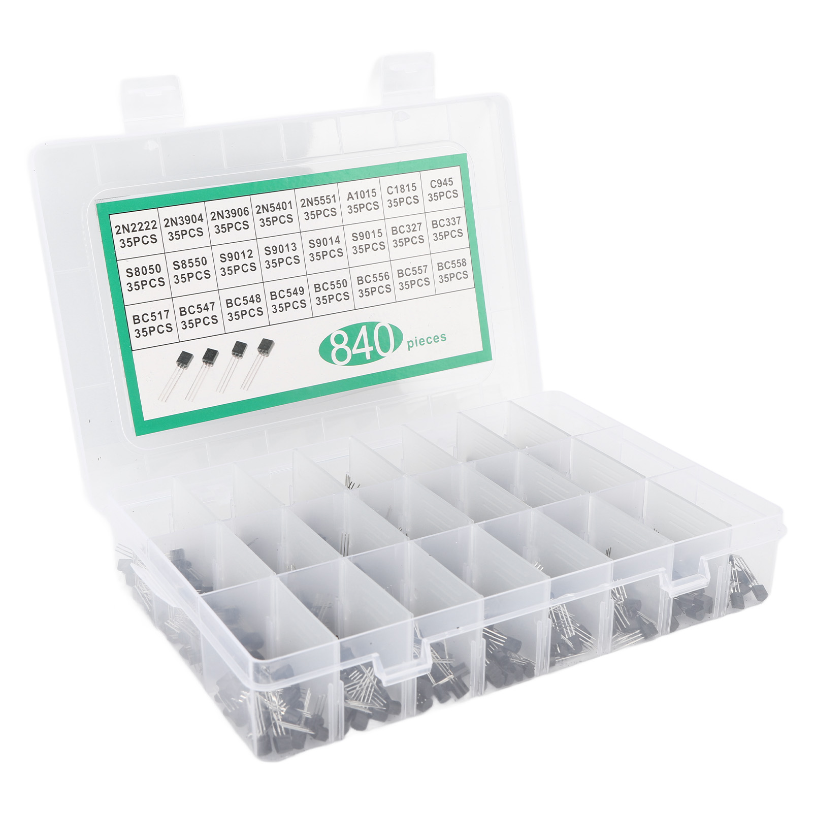 Sortimentssatz Mit 840 Transistoren, Dioden Und Trioden Bc337, Bc549 Und A1015 (24 Werte, Npn Und Pnp) Für Allgemeine Zwecke.