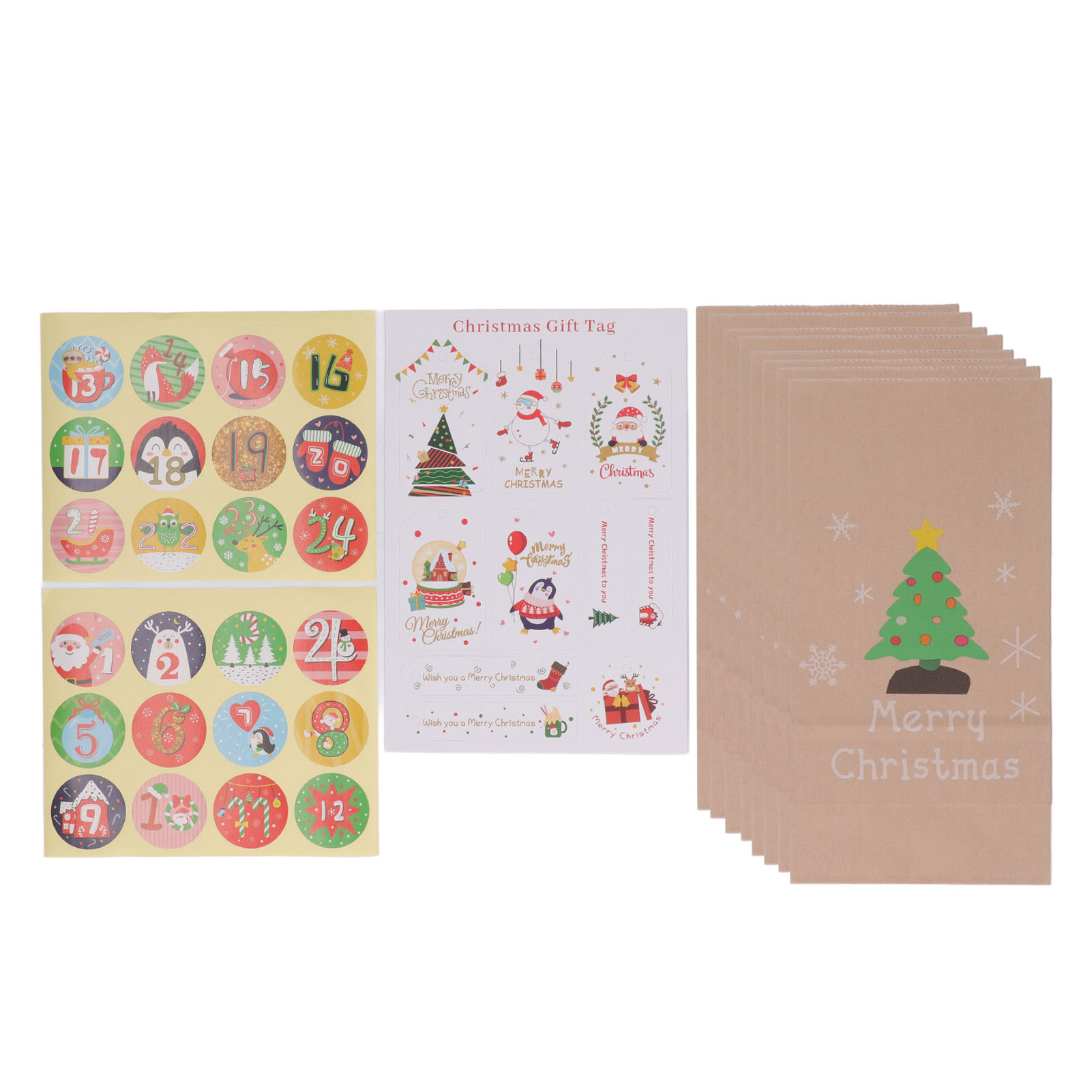 Set Mit 24 Trendigen Und Eleganten Weihnachtsgeschenktüten, Verziert Mit Aufklebern, Perfekt Für Weihnachtsfeiern.