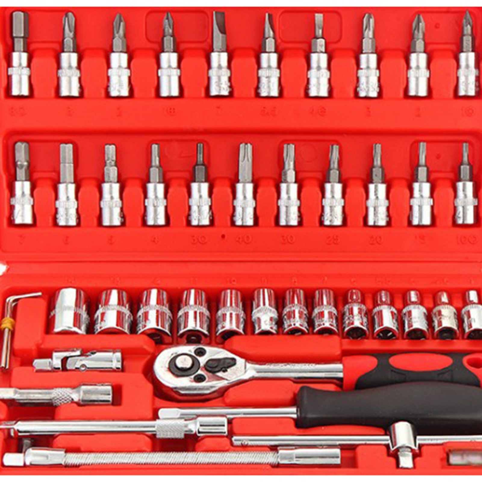 46-teiliges Handwerkzeugset Inklusive Ratschenschlüssel, Schlitzsteckschlüssel, Kreuzschlüssel, Pz-innensechskantschlüssel Und Torx-schlüssel.
