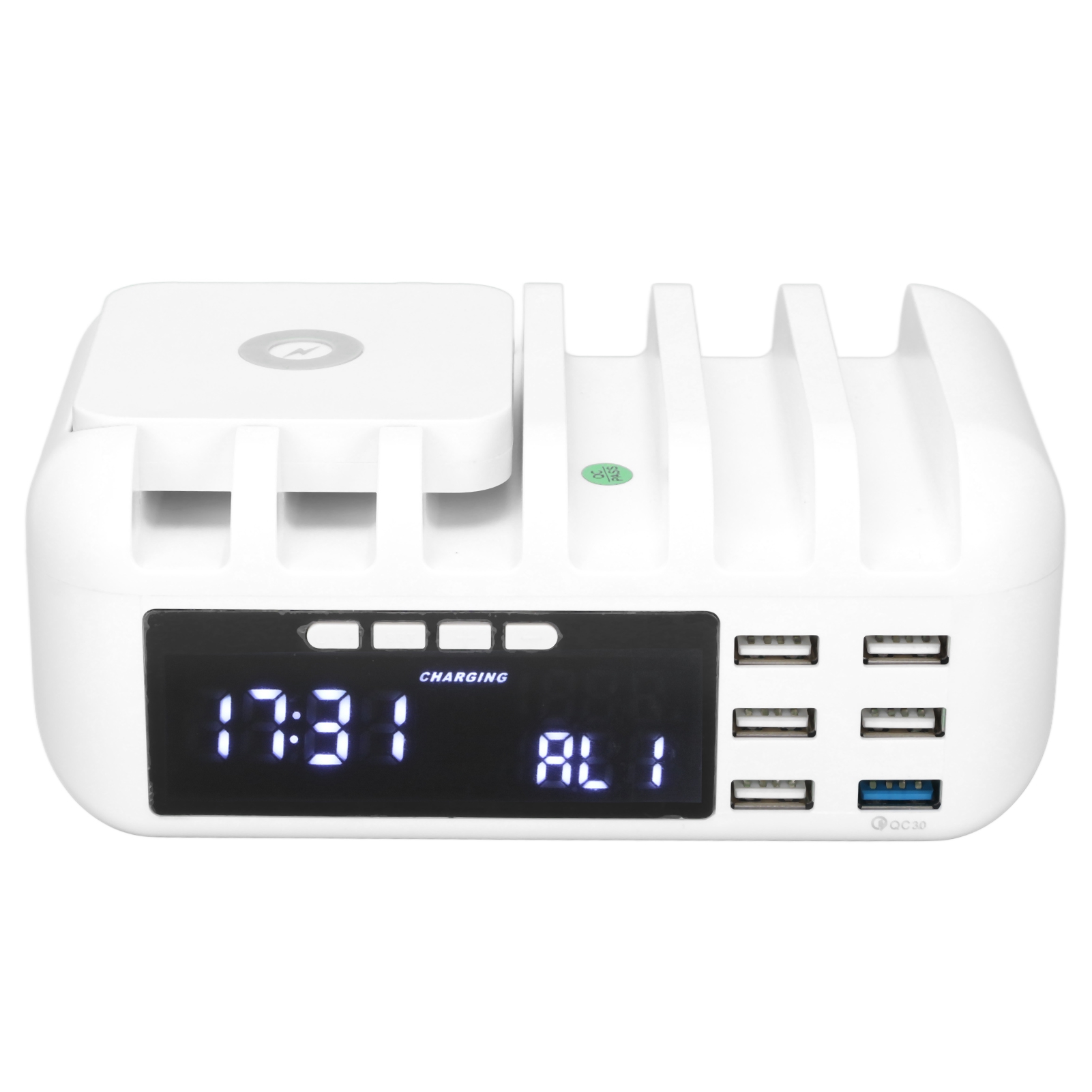 Multifunktionales Kabelloses Usb-schnellladegerät Mit 5 Anschlüssen, Digitaler Tischuhr Und Handy-ladegerät (110-240v Stecker).