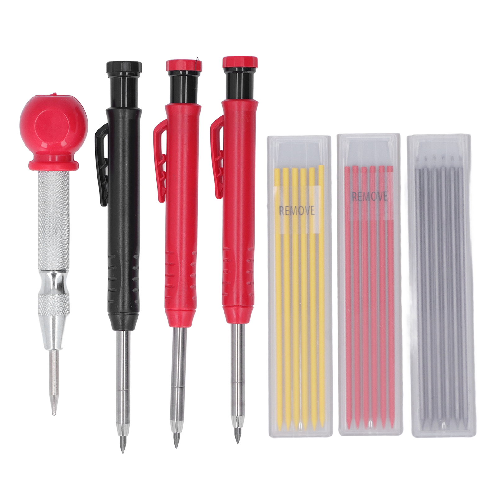 Set Aus Massiven Zimmermannsbleistiften Mit Minen, Körner, Druckbleistift Mit Langer Spitze Und Tieflochbohrer