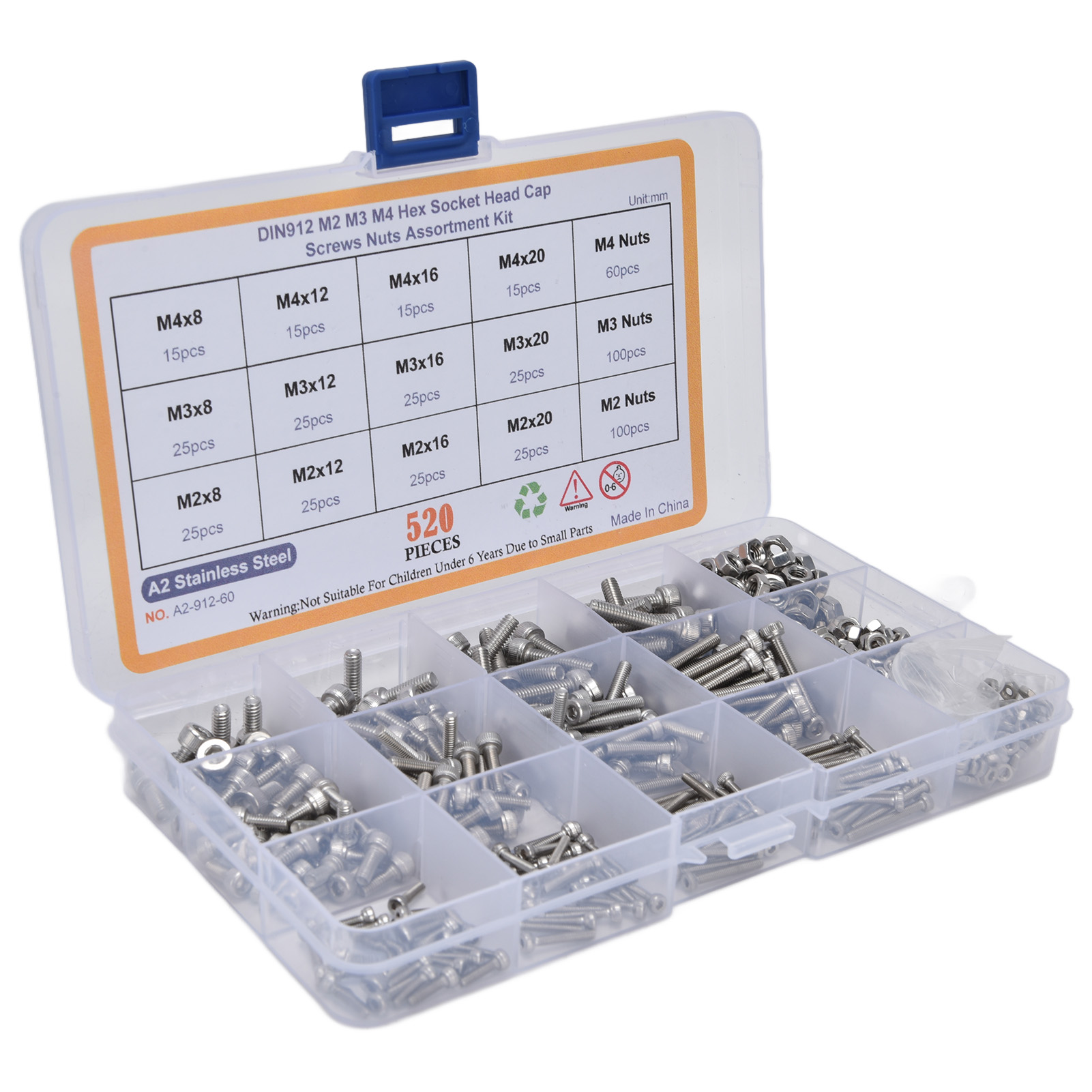 520-teiliges Set Aus Sechskantschrauben Und Muttern (m2, M3, M4) Aus Edelstahl 304 Mit Aufbewahrungsbox