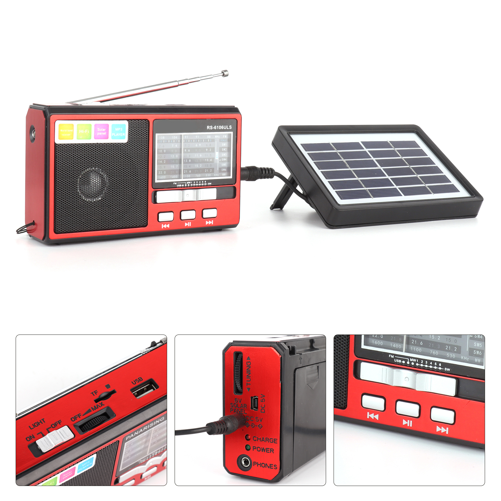 Tragbares Fm/am/sw-radio, Solaraufladbar, Hohe Empfindlichkeit, Rot