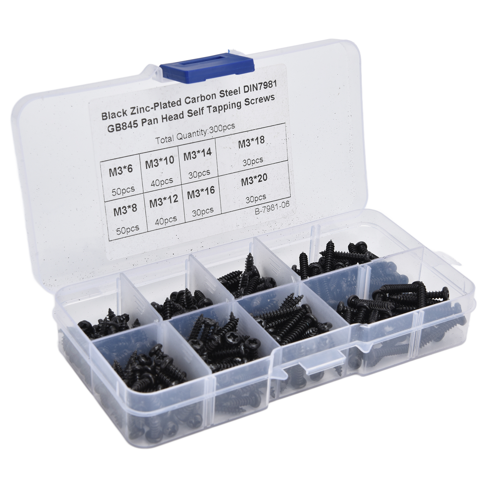 Set Mit 300 Selbstschneidenden Schrauben Mit Phillips-kopf, Aus Kohlenstoffstahl M3, Schwarz.