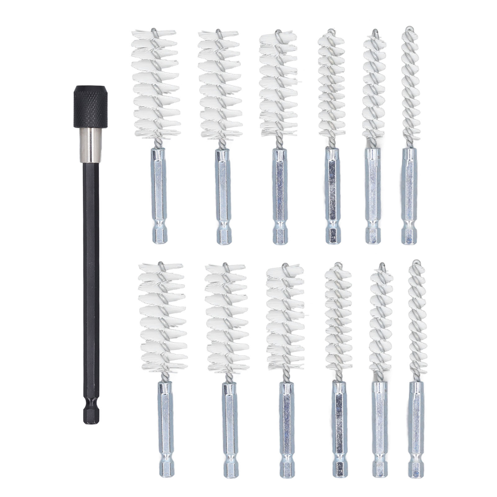 Set Aus 13 Reinigungsbürsten Für Bohrmaschinen Mit Durchmessern Von 8 Mm, 10 Mm, 12 Mm, 15 Mm, 17 Mm Und 19 Mm, 1/4 Zoll Schaft, Mit 15 Cm Verlängerung, Aus Weißem Nylon (weiß).