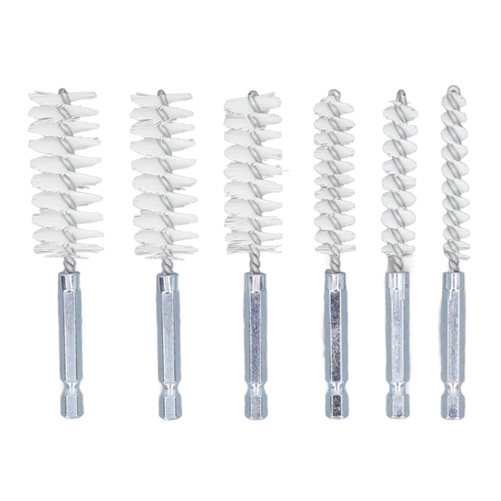 Set Mit 6 Reinigungsbürsten Für Elektrische Bohrmaschinen Und Schlagschrauber, Aus Weißem Nylon, 10 Cm (4 Zoll), Rostfreier, Verdrillter Draht, 6,35 Mm (1/4 Zoll) Sechskantschaft.