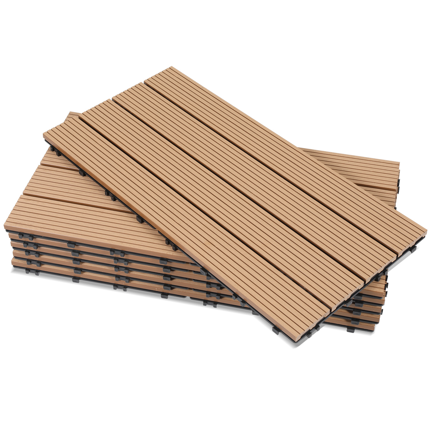 Wolketon 12er Set Wpc Terrassenfliesen Für Garten, 4 Lamellen, 30 × 60 Cm, Klicksystem, Holz-kunststoff-verbund In Teakoptik