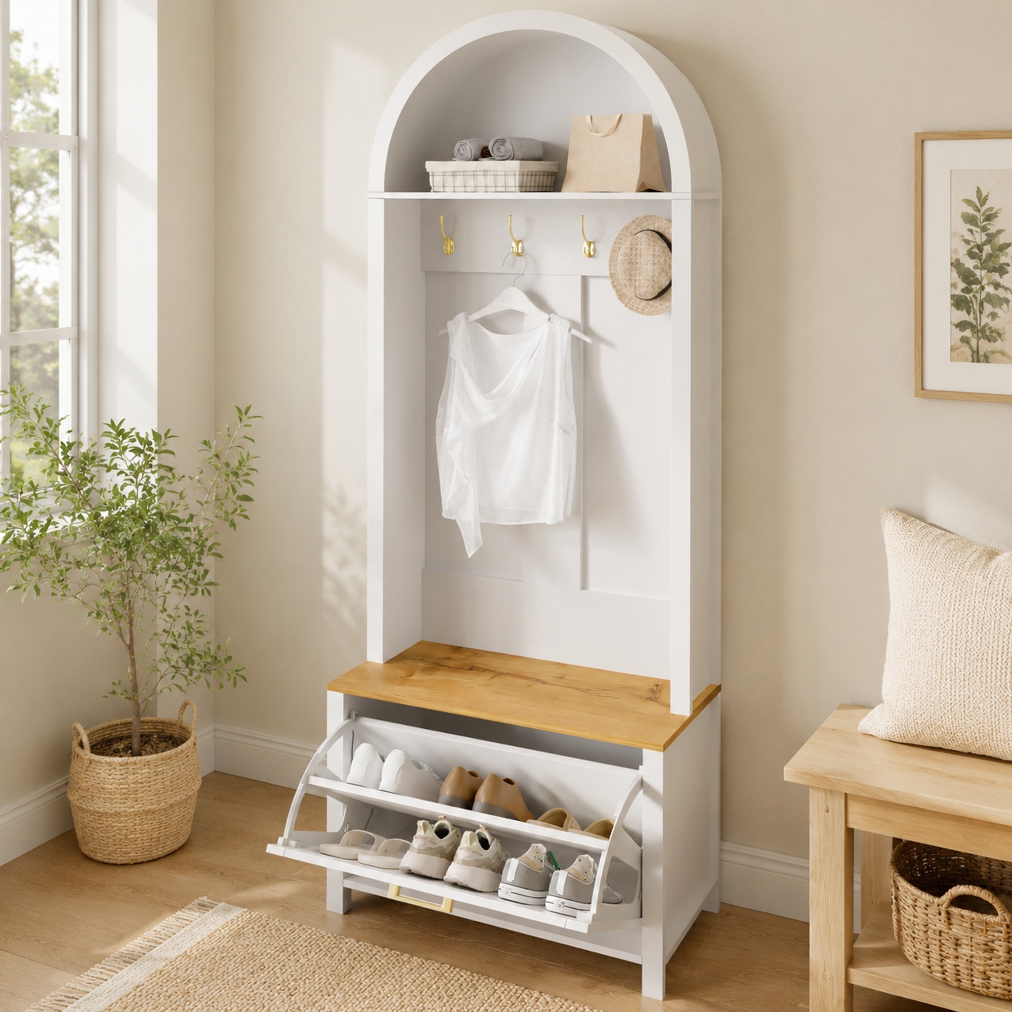 Garderobenschrank 75/35/195 Cm Aus Mdf In Weiß Und Holzoptik Mit Schuhfach Und Haken