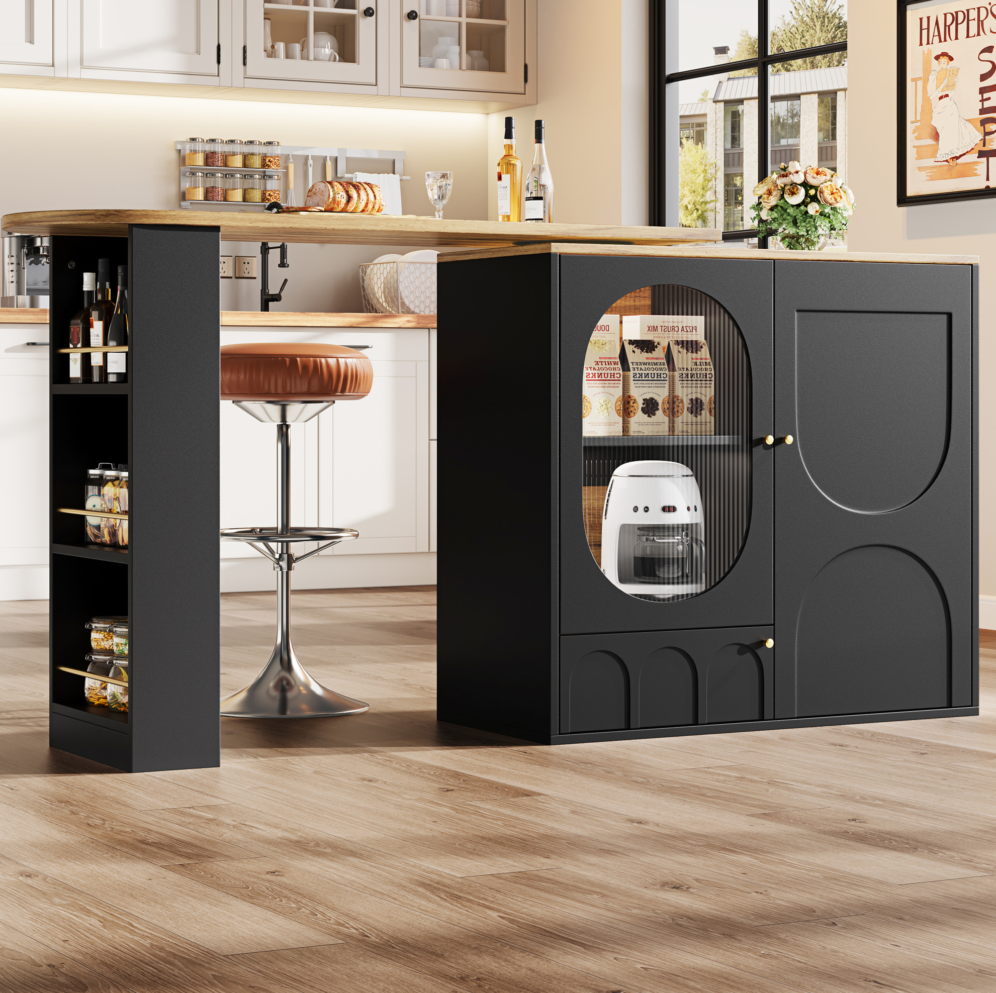 Bartisch 138x39x105 Cm Schwarz Aus Mdf Und Metall Mit 360° Drehbarem Seitenelement Und Stauraum