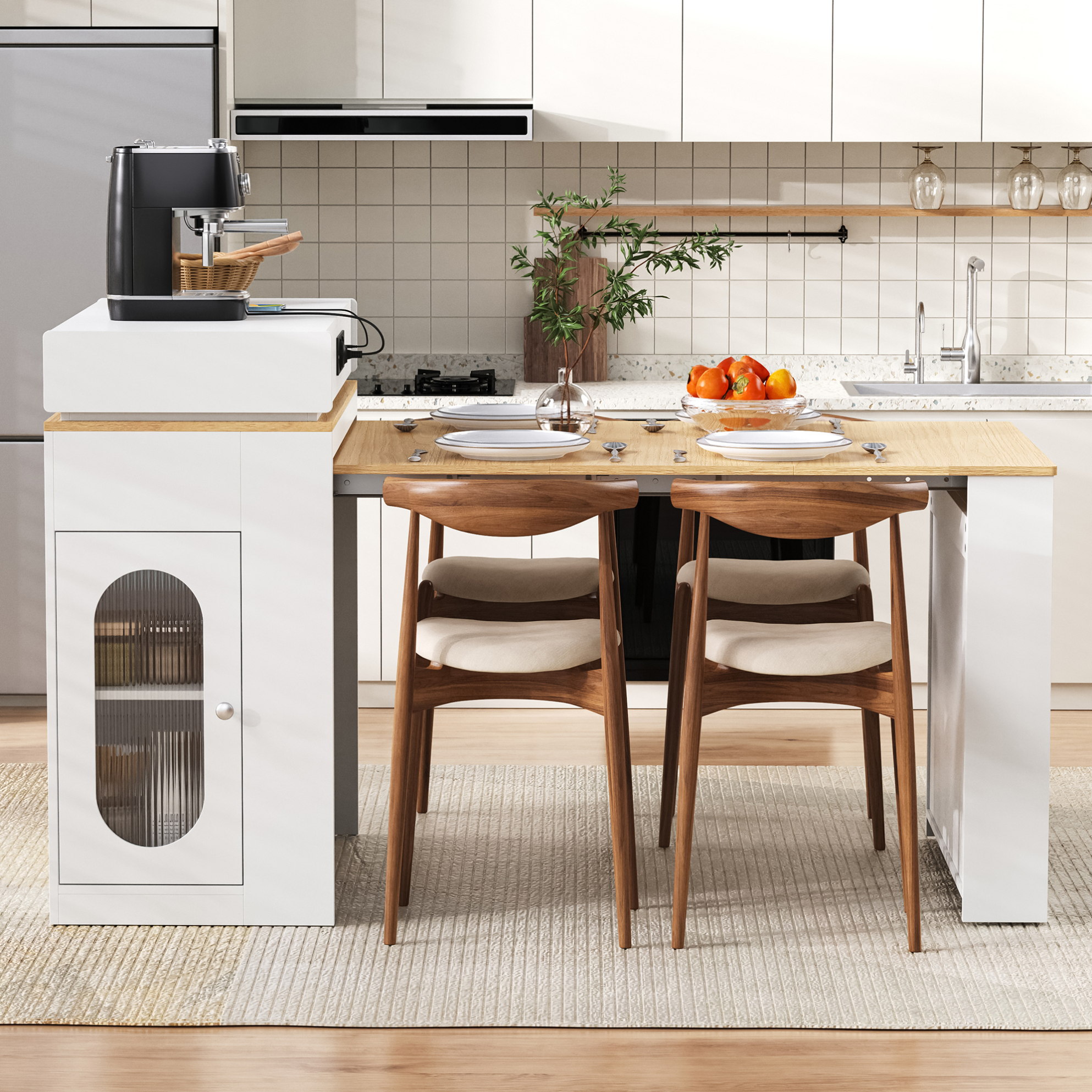 Ausziehbare Kücheninsel 83x46-146.5x96 Cm Weiß Aus Mdf Und Glas Mit Rollen Und Steckdosen