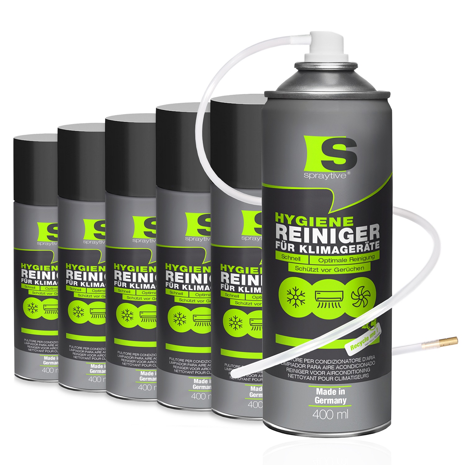 Spraytive 6x 400ml Hygiene Reiniger Für Klimageräte - Klimaanlagenreiniger Für Auto & Haus, Geruchsentferner Spray, Mit Schlauch & Messingdüse