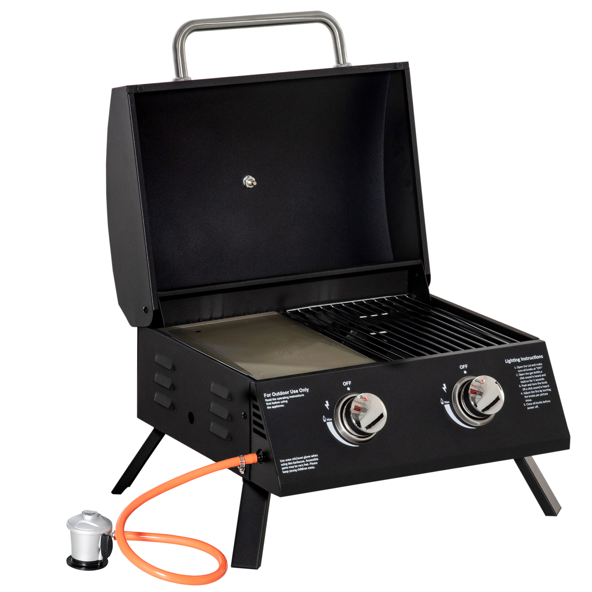 Klappbarer Tischgasgrill Mit 2 Brennern, Tragbarer Grill Mit Deckel, Aus Kohlenstoffstahl, Ideal Für Camping, Picknicks Und Gartenarbeit, 55 X 46,5 X 41 Cm, Schwarz