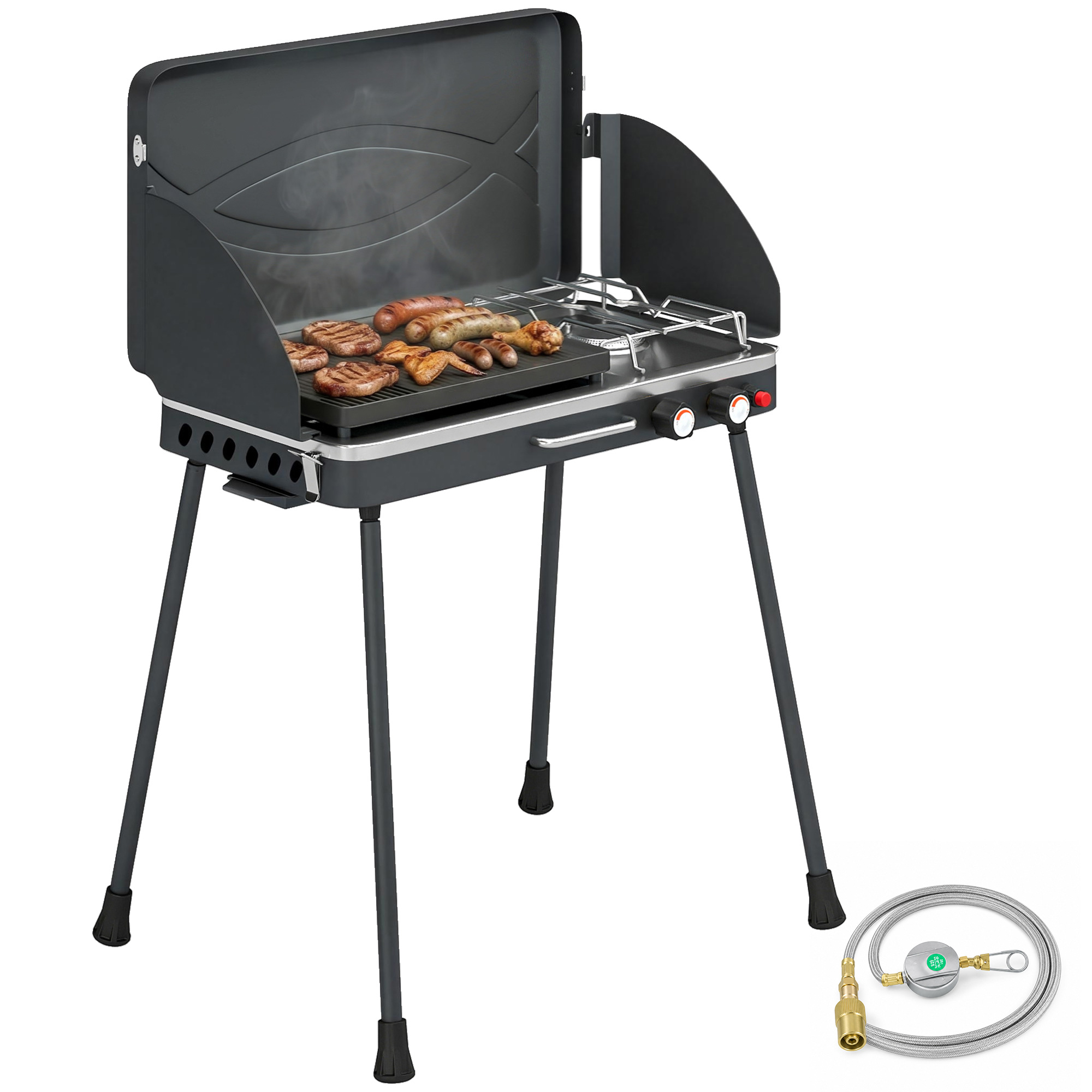 Tragbarer 2-in-1-propangasgrill, 7 Kw, Kann Auf Einer Oberfläche Oder Als Tischgrill Verwendet Werden, Mit Großer Grillplatte Und Abnehmbaren Beinen – Schwarz