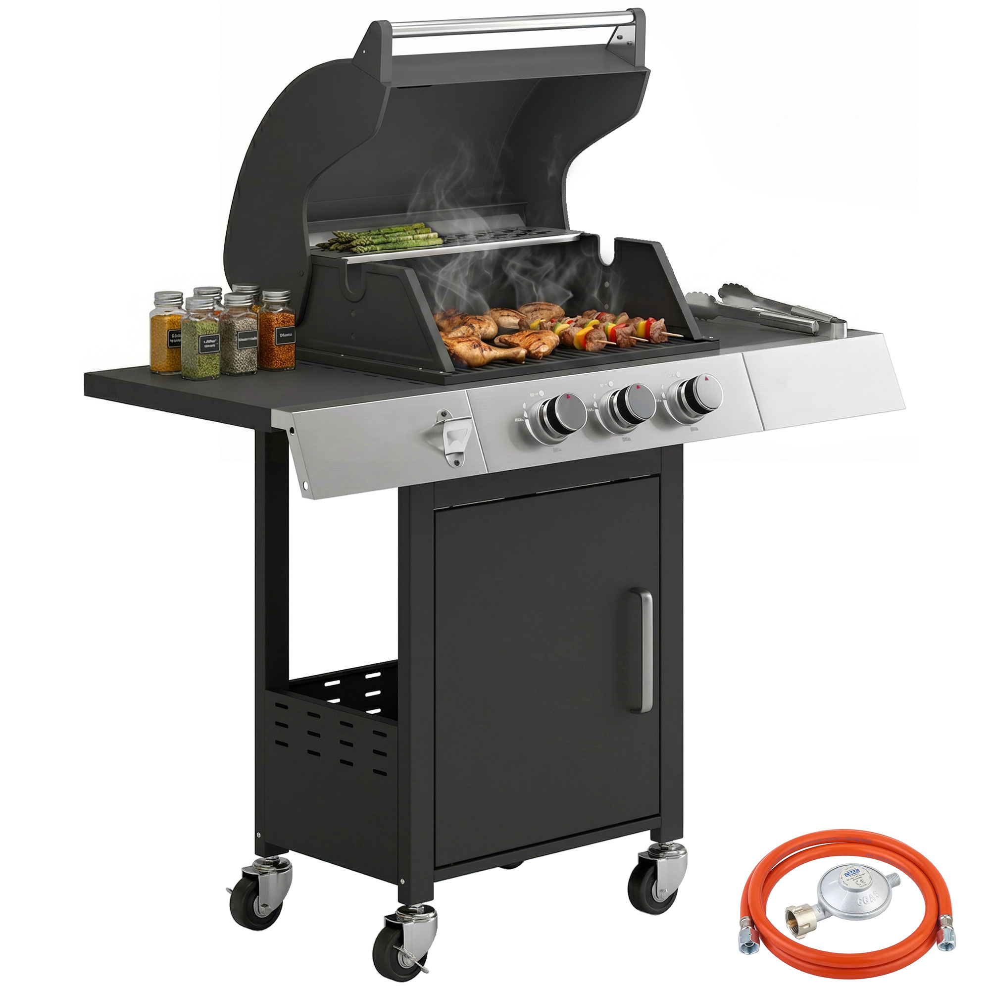 3-flammiger Gasgrill, 8,1 Kw, Mit Thermometer, Grillrosten, Seitenablagen, Unterschrank Und Rollen, 109 X 50 X 109 Cm, Schwarz
