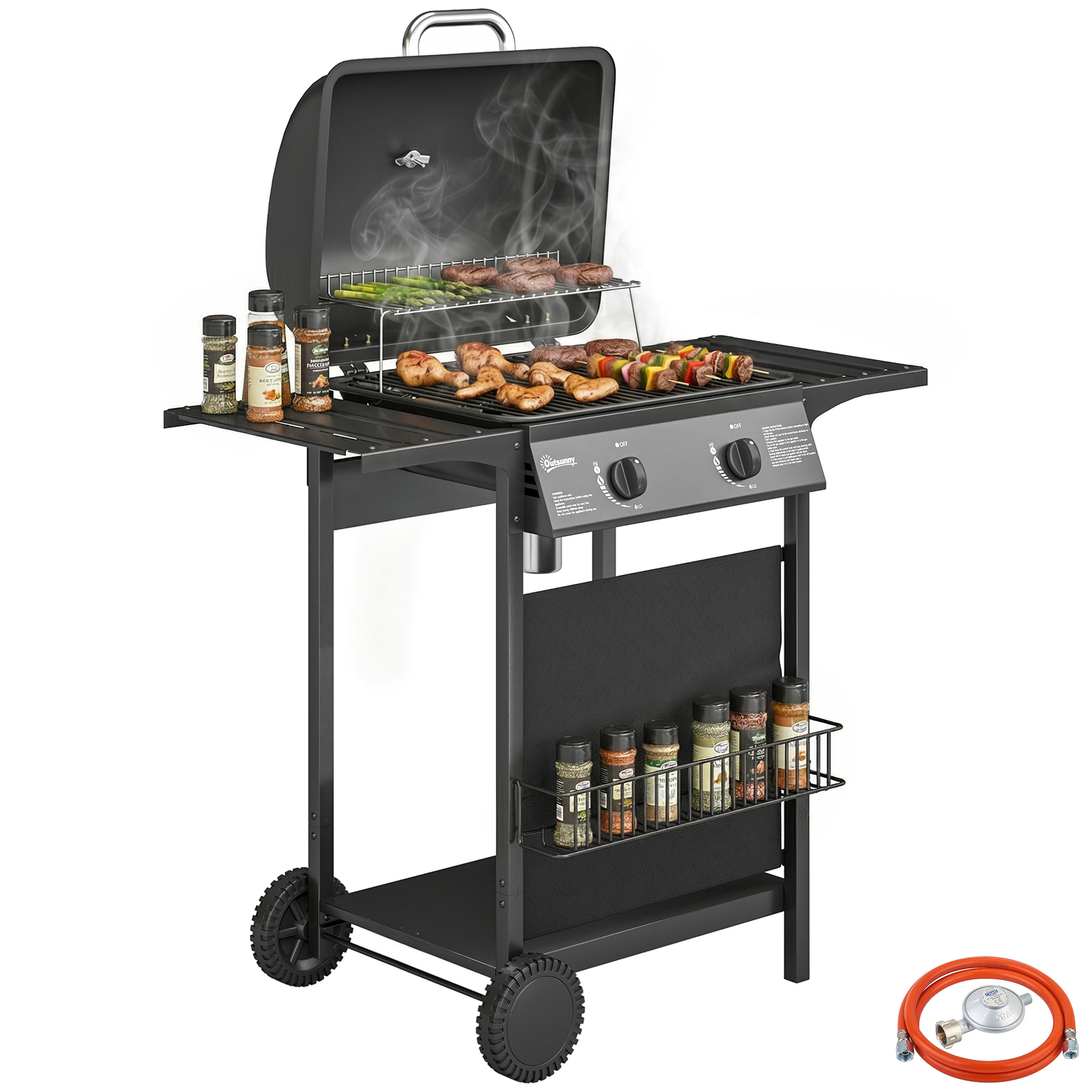 Gasgrill Mit 2 Brennern (5 Kw), Thermometer, Seitenablagen, Warmhalterost, 2 Rädern, Schwarz