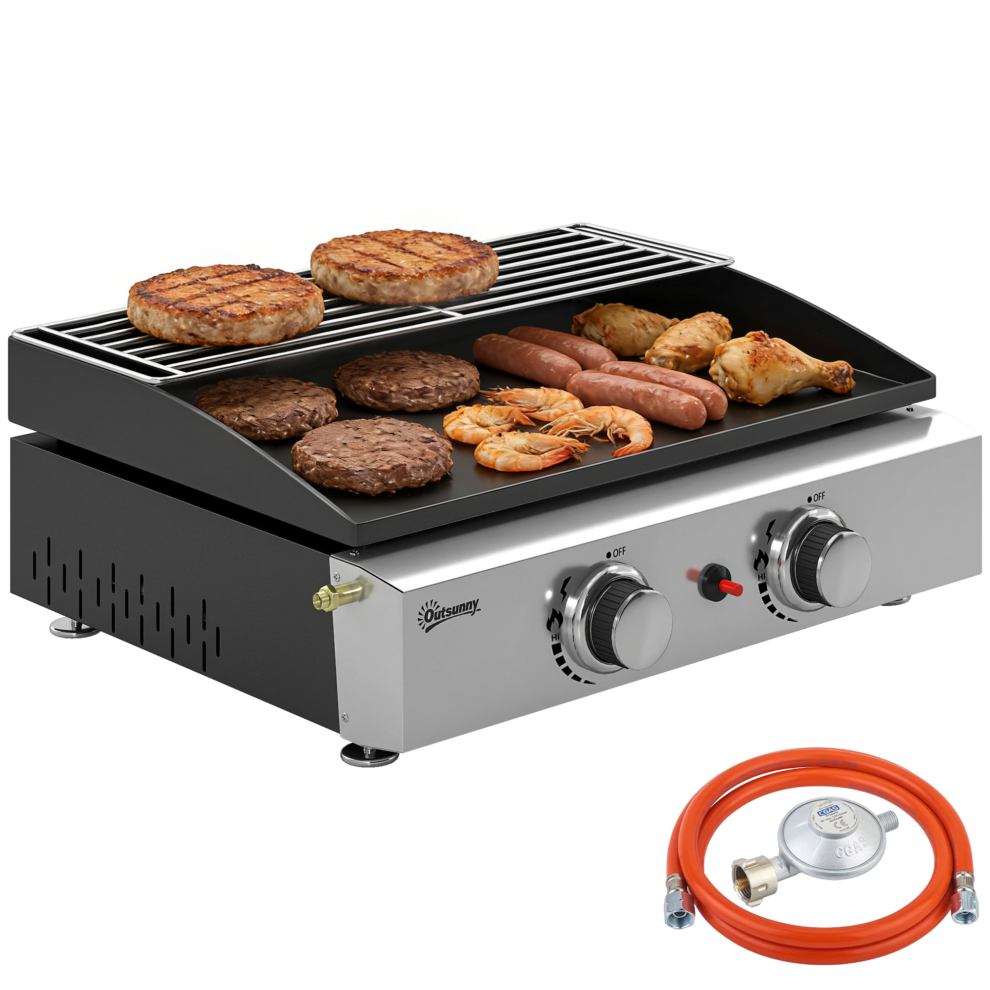 Tragbarer 5-kw-gasgrill Mit 2 Brennern, Grillplatte, Warmhalterost Und Fettauffangschale, Schwarz