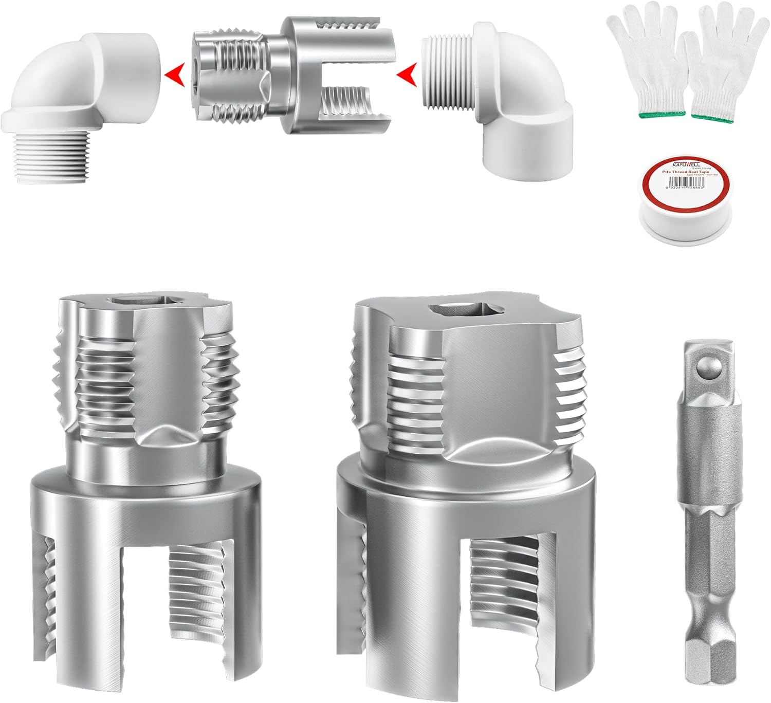Pvc-rohrgewindeschneidwerkzeug Für 1/2"- Und 3/4"-wasserrohre, 2-in-1-pvc-rohrgewindeschneidset Mit Integriertem Innen- Und Außengewindeschneider, Inklusive Dichtungsband Und Handschuhen