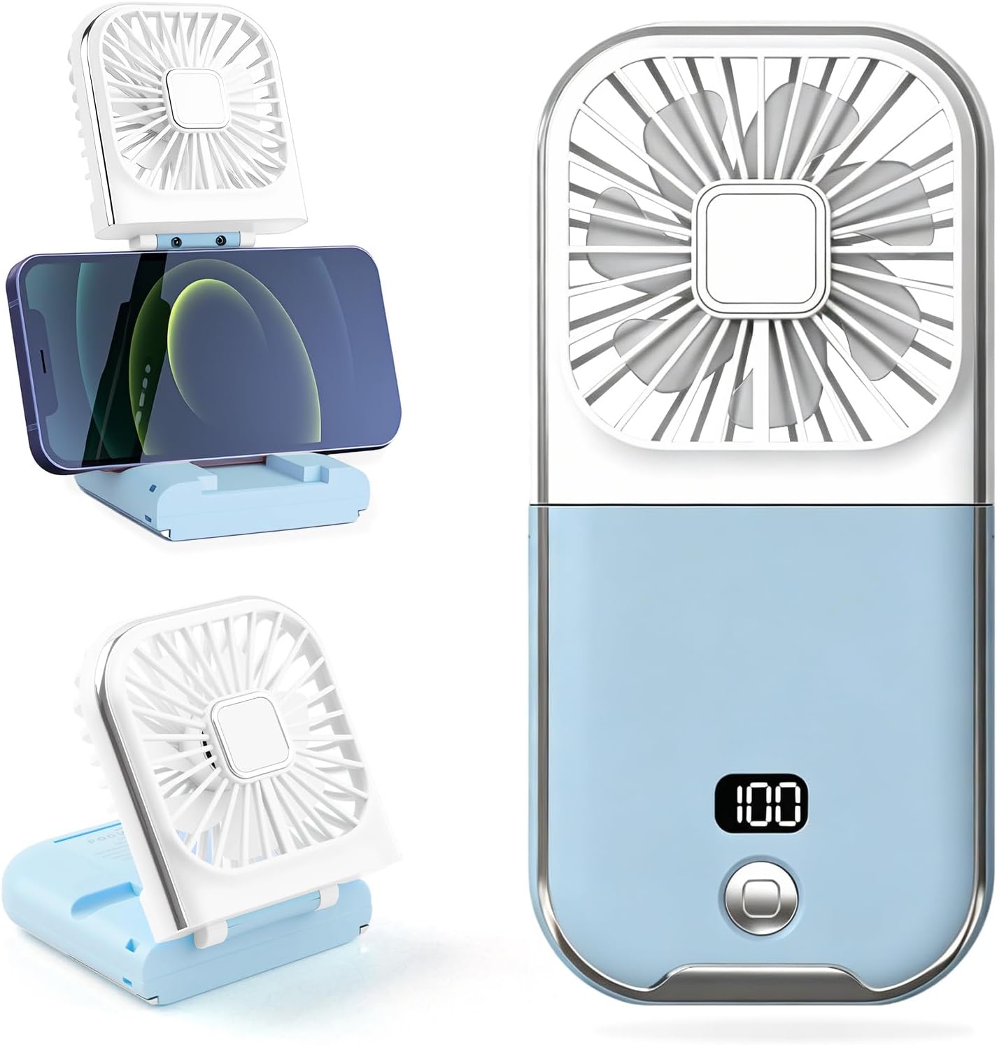 Mini-tragbarer Ventilator – Leise, 4 Geschwindigkeitsstufen, Mit 3000-mah-akku Und Digitalanzeige, Für Zuhause Und Draußen – Weiß Und Blau
