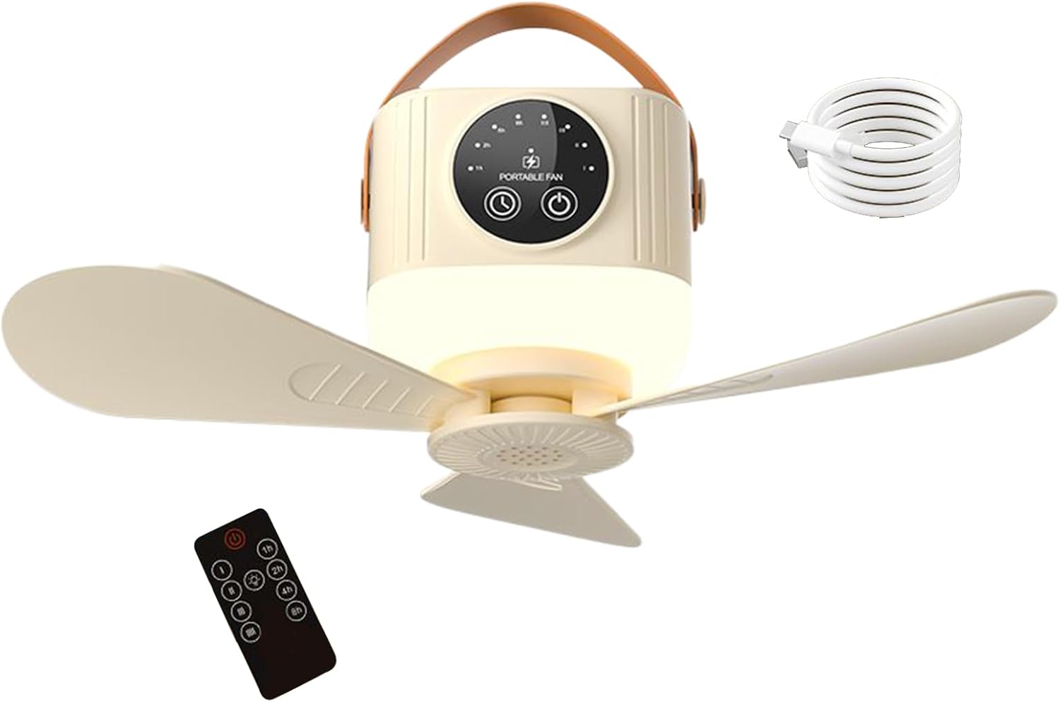 Tragbarer Deckenventilator – 3600-mah-akku, Led-beleuchtung, 4 Geschwindigkeitsstufen, Fernbedienung – Ideal Für Camping Und Garten – Cremegelb