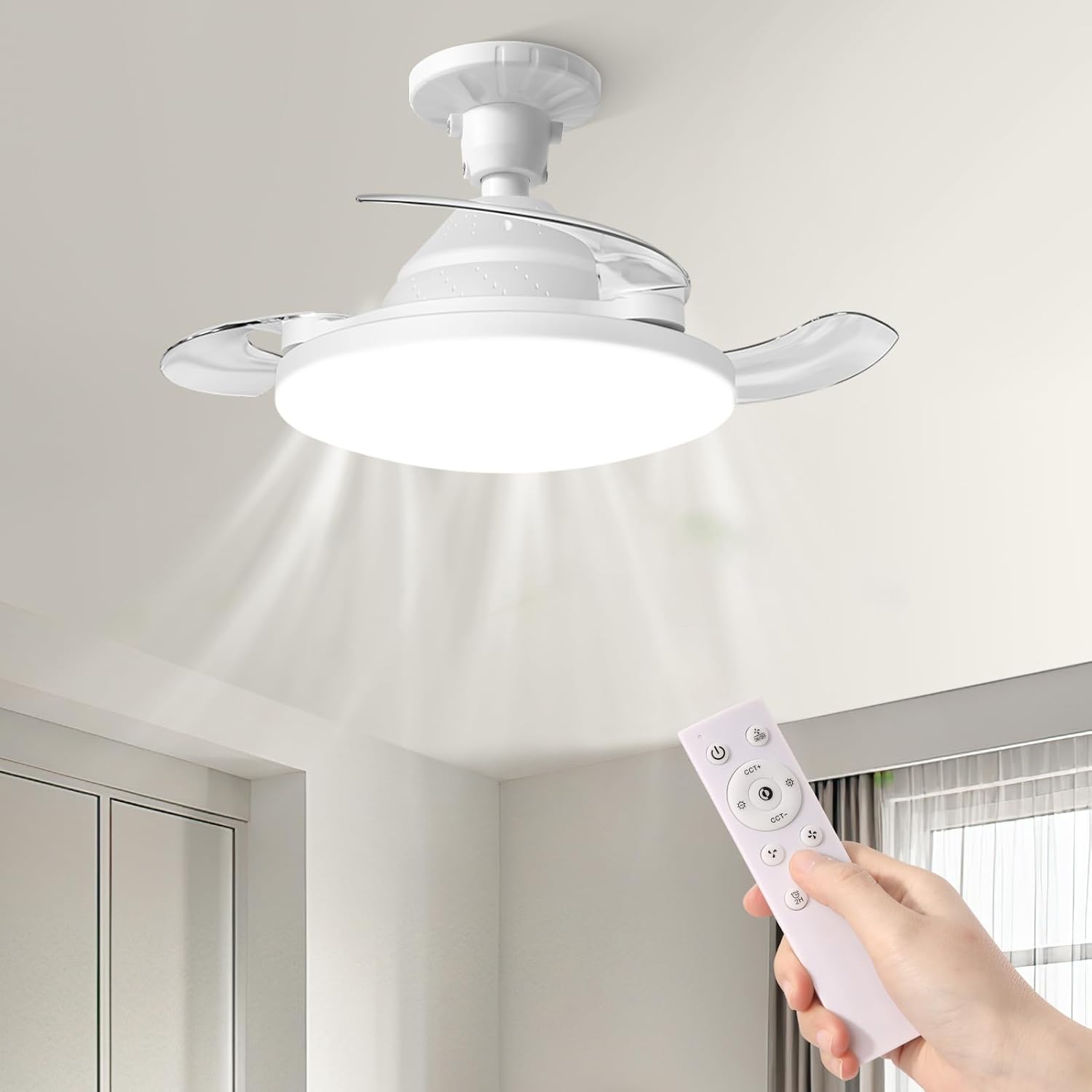 Deckenventilator Mit Licht, Einziehbaren Flügeln, Fernbedienung, 3 Helligkeitsstufen, 3 Geschwindigkeitsstufen, 46 Cm, Leise Lampe Für Esszimmer Und Küche [energieklasse E]
