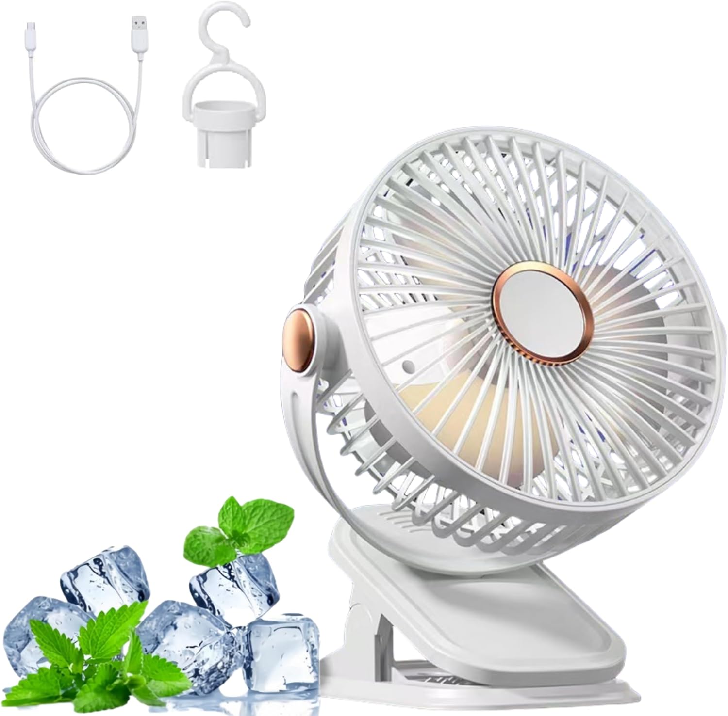 Clip-ventilator, Usb-betrieben, Leise, 5 Geschwindigkeitsstufen, 360°-drehung, Mit Beleuchtung, Geeignet Für Büros Und Studentenwohnheime, 1200-mah-akku, Weiß