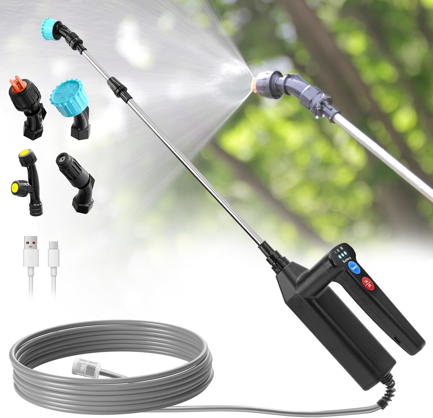 Elektrische Gartenspritze Mit 3 Geschwindigkeitsstufen, 7,4 V, Leistungsstark, Mit 4 Verstellbaren Düsen, Akkubetrieben, Mit 8 M Schlauch Und 60 Cm Teleskopstange Zum Reinigen Und Bewässern