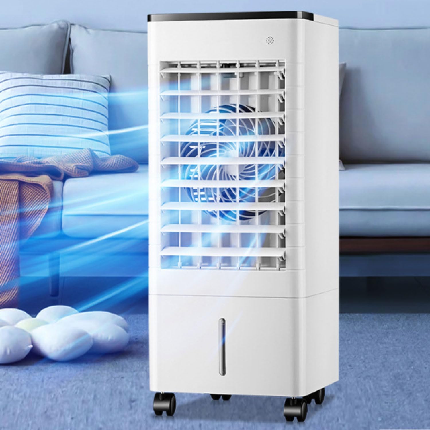 Tragbarer Verdunstungsluftkühler Mit 90°-oszillation, 3 Geschwindigkeitsstufen, 3 Betriebsmodi, 15-stunden-timer, 9-liter-wassertank, Fernbedienung Und Ventilator.