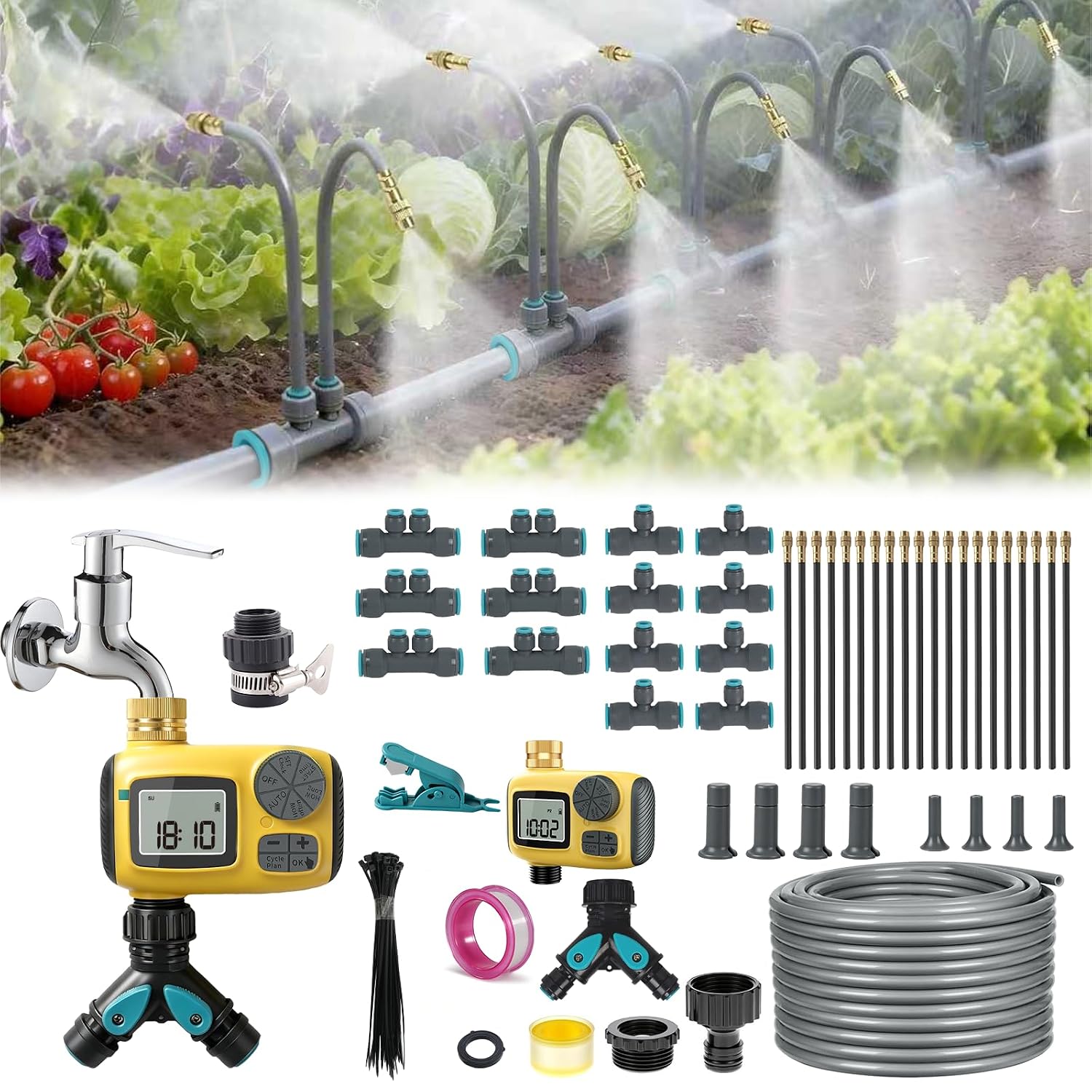 Micro-tropfsystem 30 M Bewässerungssystem Mit Zeitschaltuhr Und 20 Düsen, 360° Automatisches Bewässerungssystem, Geeignet Für Gartenpflanzen, Blumenbeete, Gärten Und Andere Pflanzen.