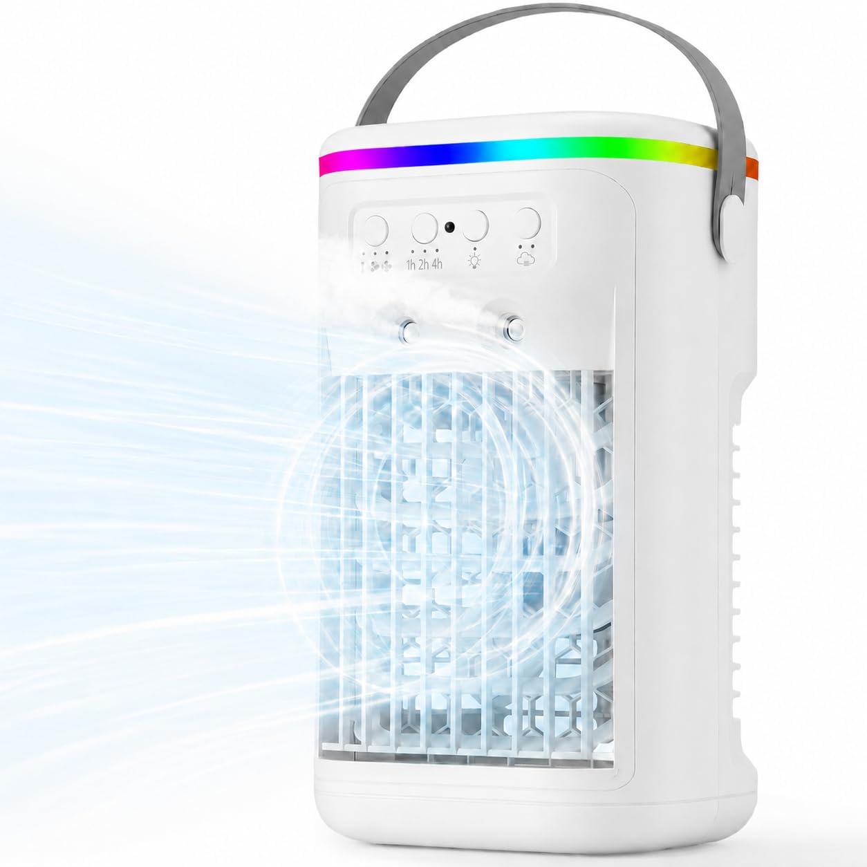 Tragbare Klimaanlage, Mini-luftkühler Mit Fernbedienung, Usb-ventilator, 3 Geschwindigkeitsstufen, 2 Nebelmodi, 1/2/4-stunden-timer, 7-farbige Led, Für Schlafzimmer Und Büro [energieklasse A]
