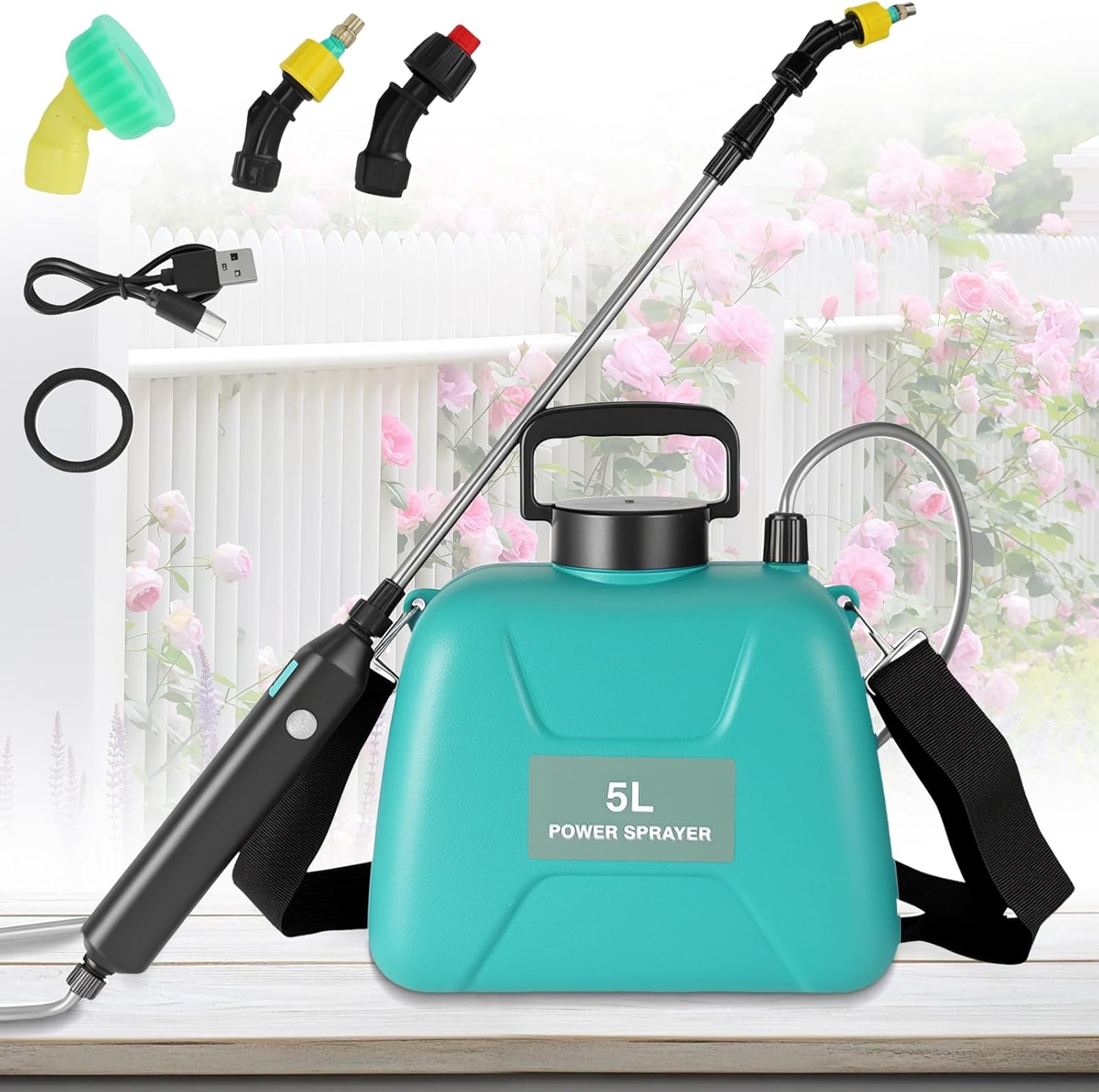 Elektrisches Sprühgerät (5 Liter), Akkubetrieben, 5 Sprühmodi, Verstellbarer Tragegurt, 60 Cm Teleskop-sprühstange, Usb-c-ladeanschluss, Zur Unkrautbekämpfung Und Düngung