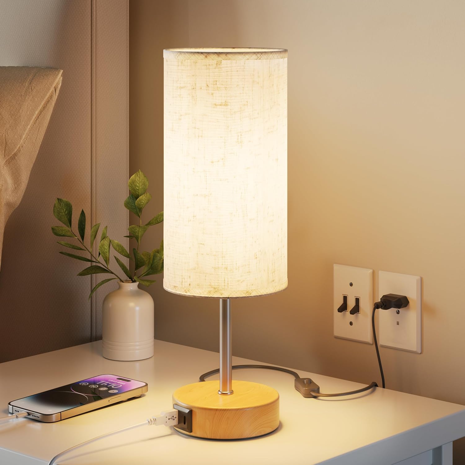 Touch-nachttischlampe Mit Usb-a- Und Usb-c-ladeanschlüssen, Schreibtischlampe, 3-stufigem Dimmer, Lampenschirm Aus Leinenstoff, Kleine Tischlampe, Mit 1,5 M Kabel (e27-leuchtmittel Enthalten) [energie