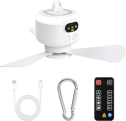 Wiederaufladbarer Campingventilator Mit 8000 Mah Kapazität Und Licht, Kleiner Deckenventilator Für Zelte Mit Fernbedienung, 4 Geschwindigkeitsstufen, Timer, Leiser Betrieb, Mini-ventilator Für Den Auß