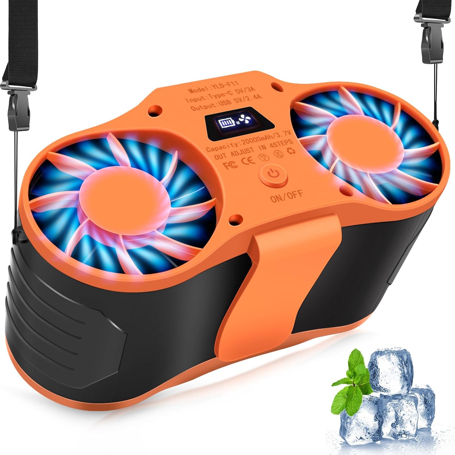 Mini-ventilator – Wiederaufladbarer 20000-mah-akku Mit Usb-anschluss – 4 Geschwindigkeitsstufen – Led-anzeige – Ideal Für Unterwegs Und Im Freien – Orange