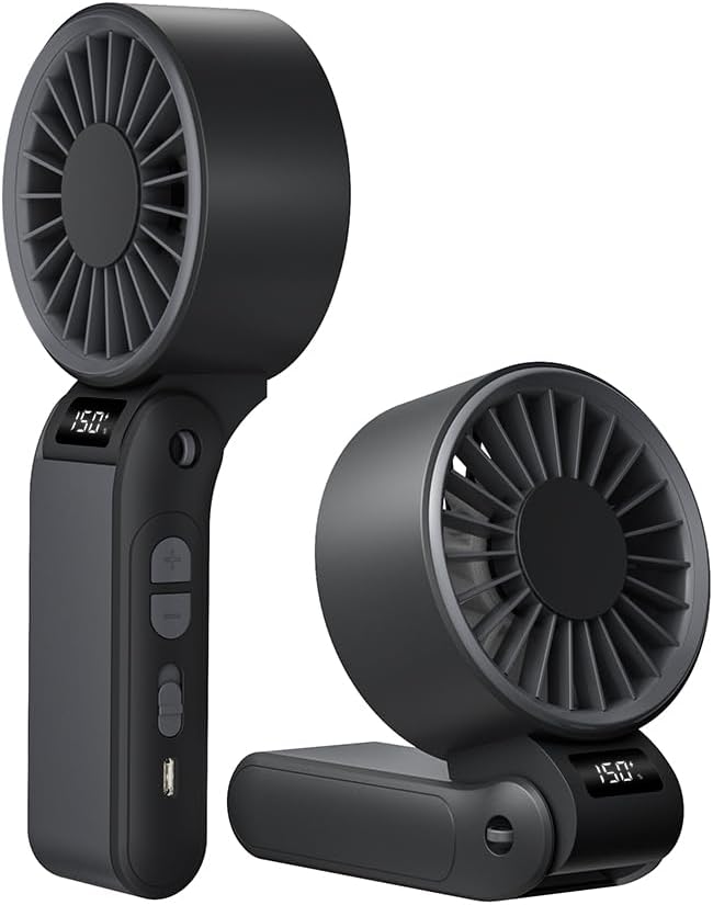 Mini-tragbarer Ventilator, Usb-aufladbar, 150 Geschwindigkeitsstufen, Led-anzeige, 3000 Mah Akku, Schwarz